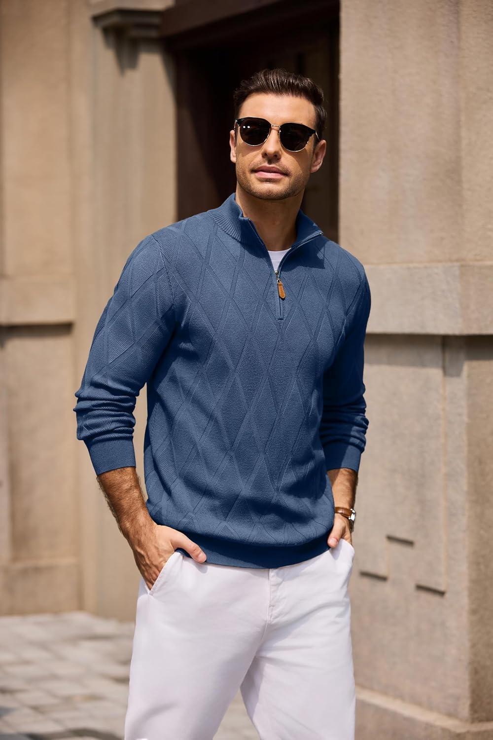 image:imageCOOFANDY Mens Quarter Zip Pullover Sweater Stretch Knit Checked SweaterRegal Blue