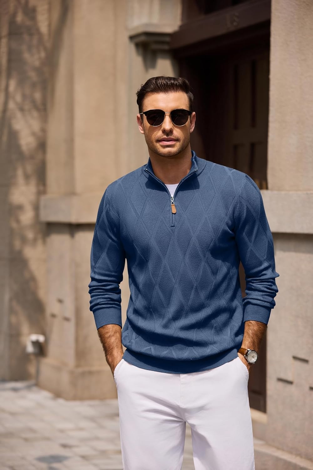 image:imageCOOFANDY Mens Quarter Zip Pullover Sweater Stretch Knit Checked SweaterRegal Blue
