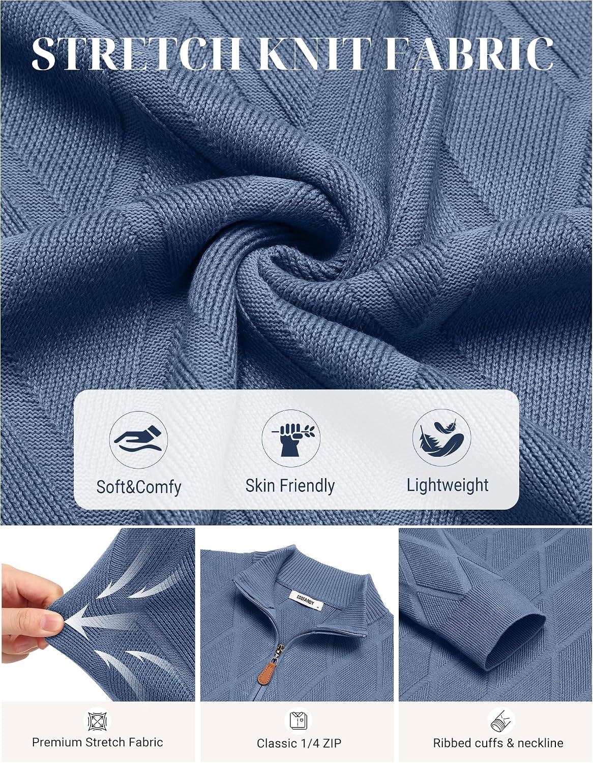 image:imageCOOFANDY Mens Quarter Zip Pullover Sweater Stretch Knit Checked SweaterRegal Blue