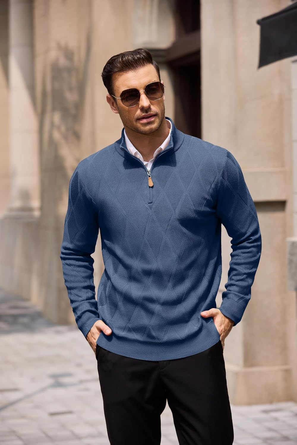 image:imageCOOFANDY Mens Quarter Zip Pullover Sweater Stretch Knit Checked SweaterRegal Blue