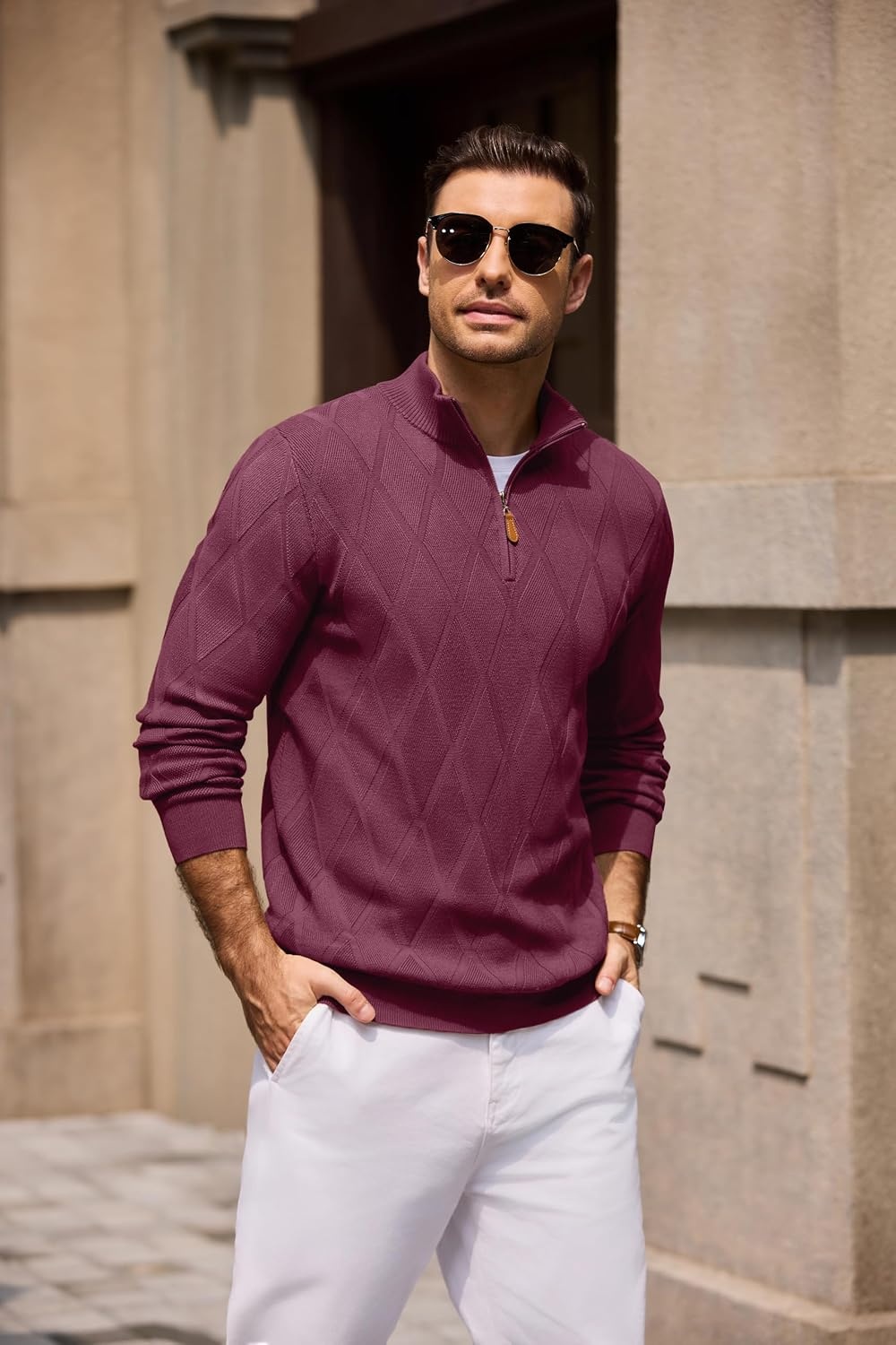 image:imageCOOFANDY Mens Quarter Zip Pullover Sweater Stretch Knit Checked SweaterWine Red