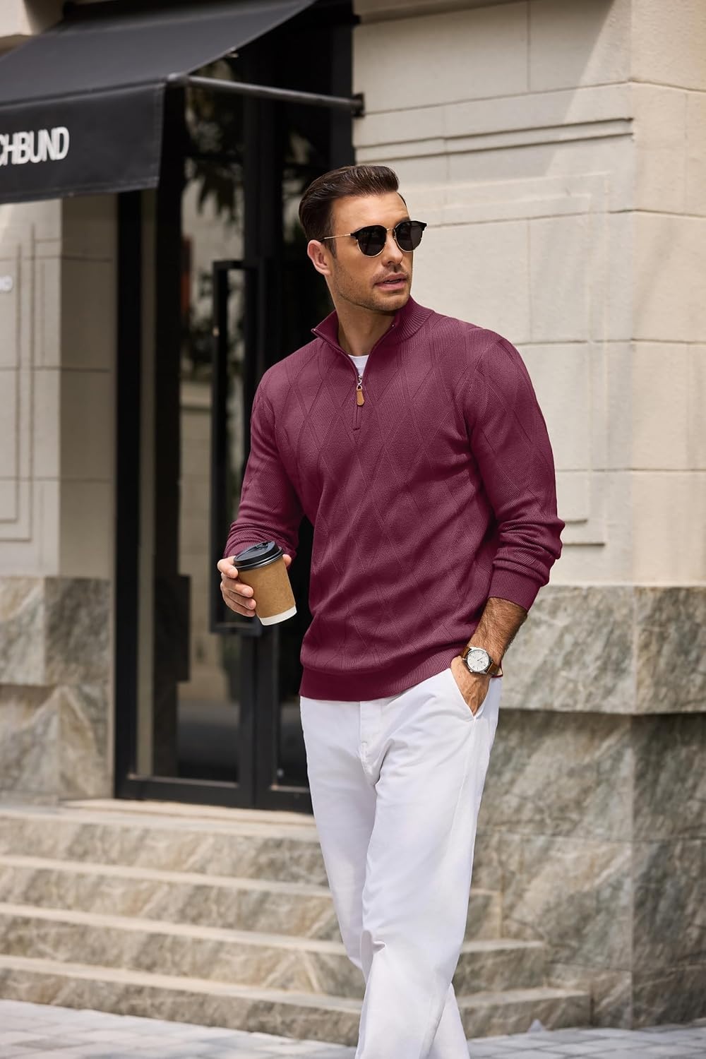 image:imageCOOFANDY Mens Quarter Zip Pullover Sweater Stretch Knit Checked SweaterWine Red
