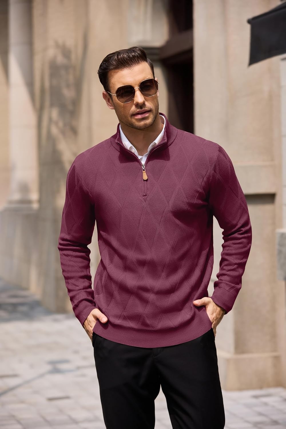 image:imageCOOFANDY Mens Quarter Zip Pullover Sweater Stretch Knit Checked SweaterWine Red