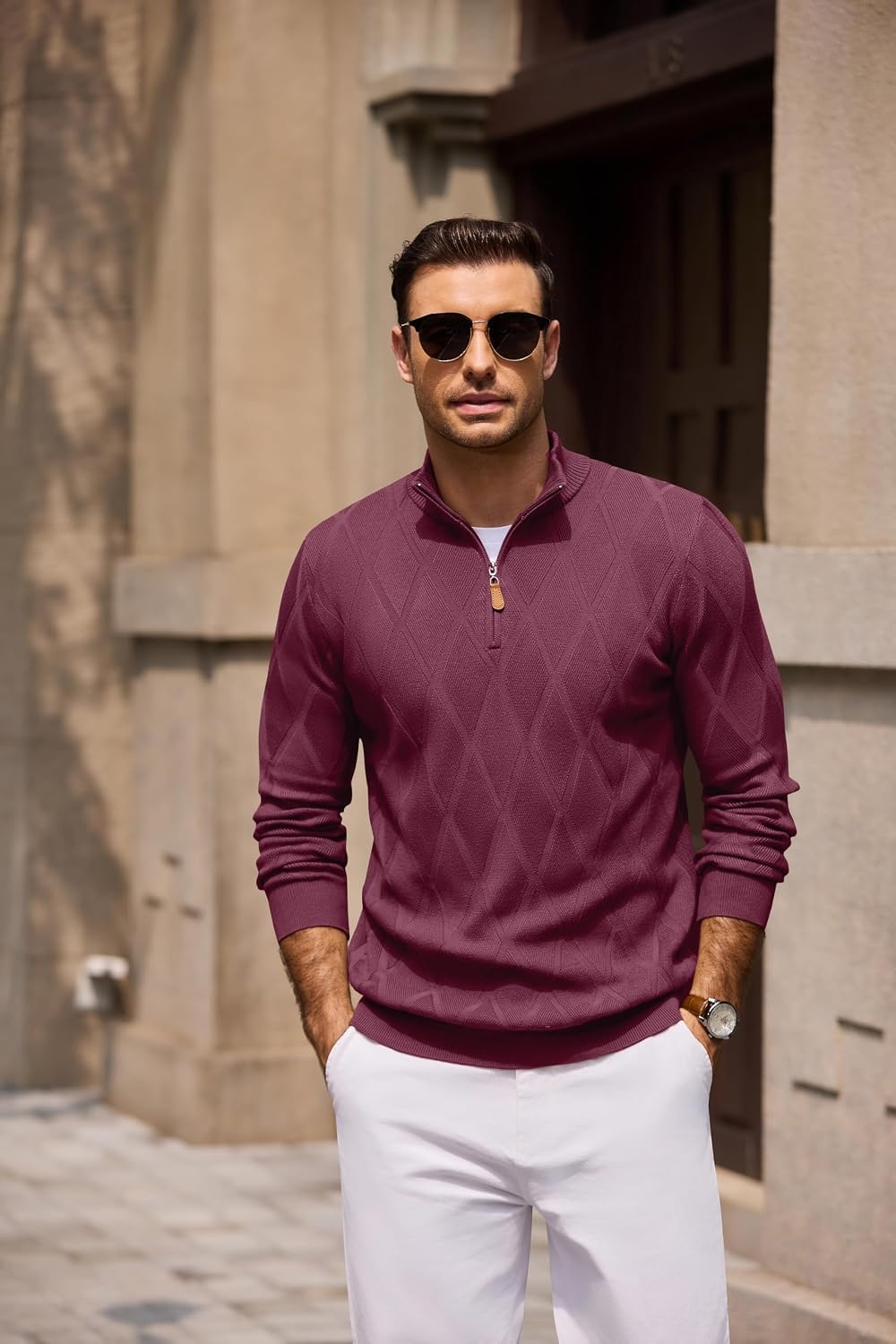 image:imageCOOFANDY Mens Quarter Zip Pullover Sweater Stretch Knit Checked SweaterWine Red
