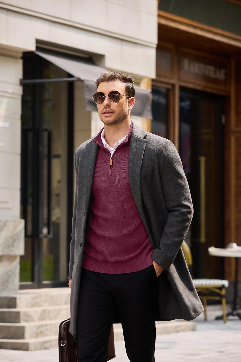 image:imageCOOFANDY Mens Quarter Zip Pullover Sweater Stretch Knit Checked SweaterWine Red