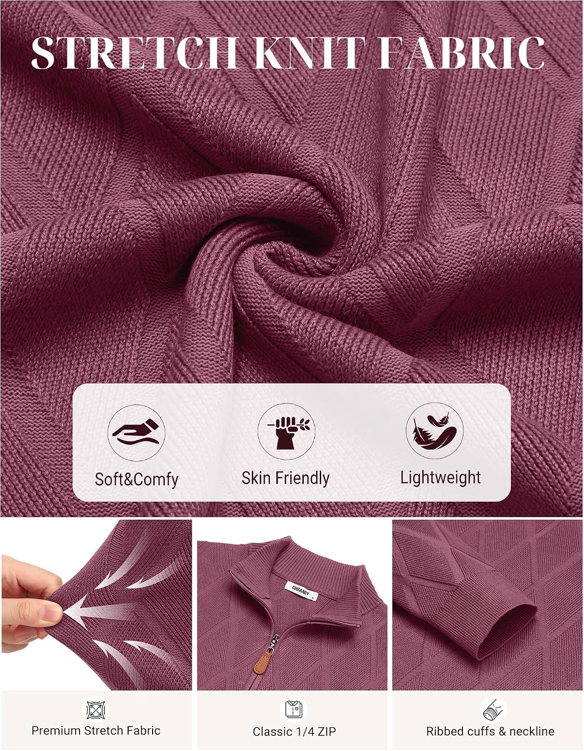 image:imageCOOFANDY Mens Quarter Zip Pullover Sweater Stretch Knit Checked SweaterWine Red