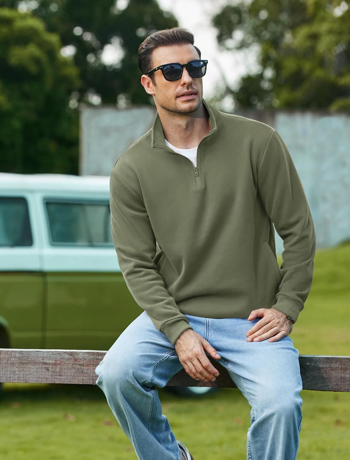 image:imageCOOFANDY Mens Quarter Zip Pullover Sweatshirt Fleece Mock Neck with PocketArmy Green