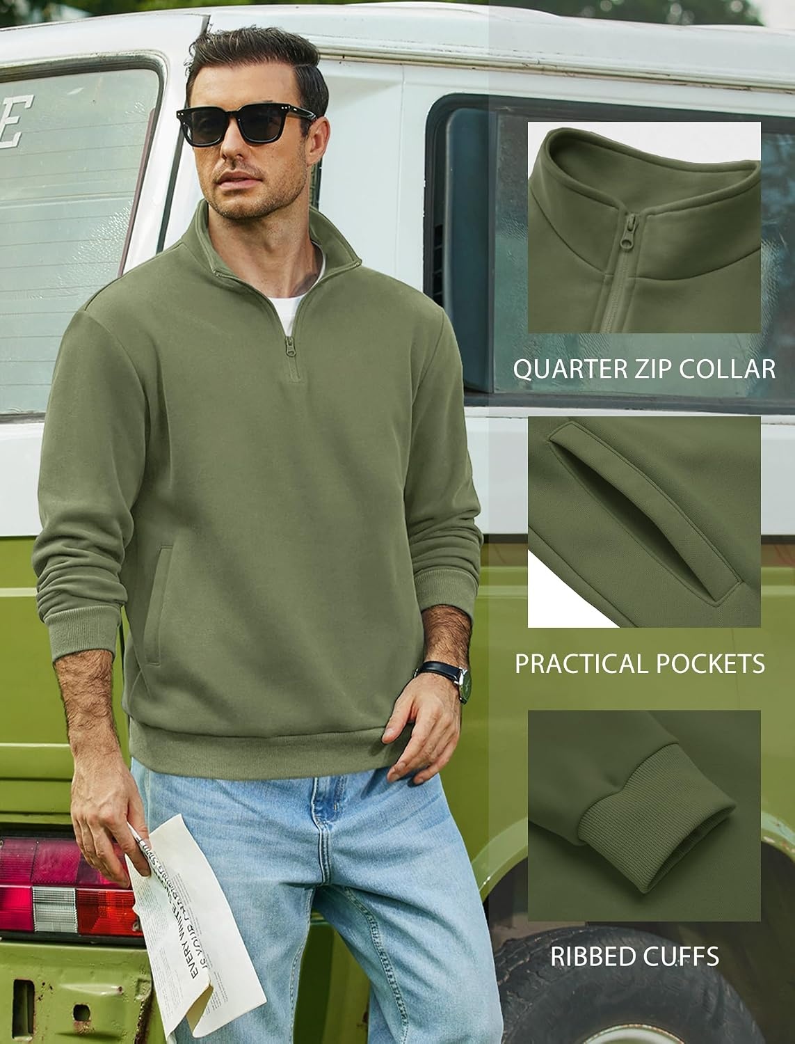 image:imageCOOFANDY Mens Quarter Zip Pullover Sweatshirt Fleece Mock Neck with PocketArmy Green