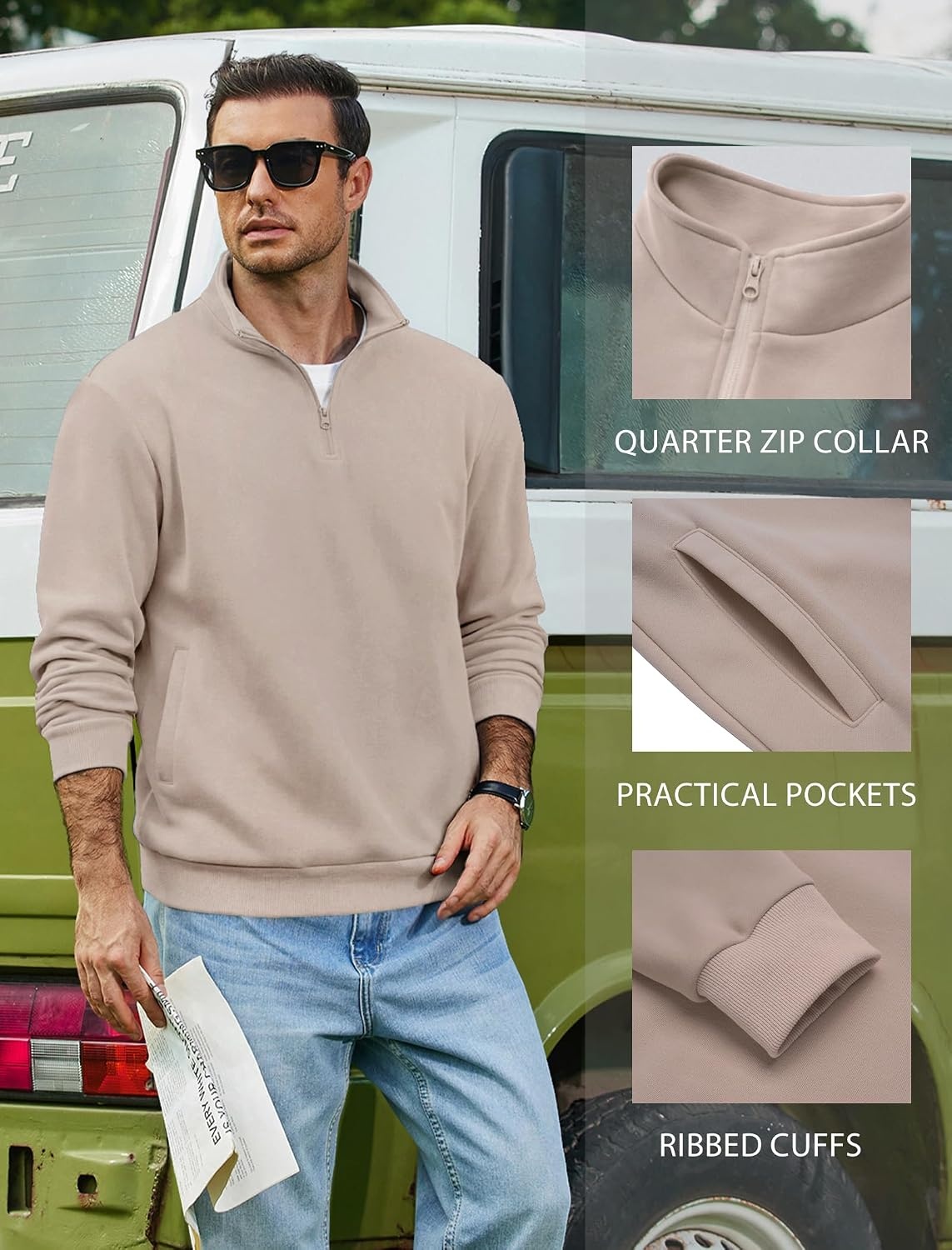 image:imageCOOFANDY Mens Quarter Zip Pullover Sweatshirt Fleece Mock Neck with PocketKhaki