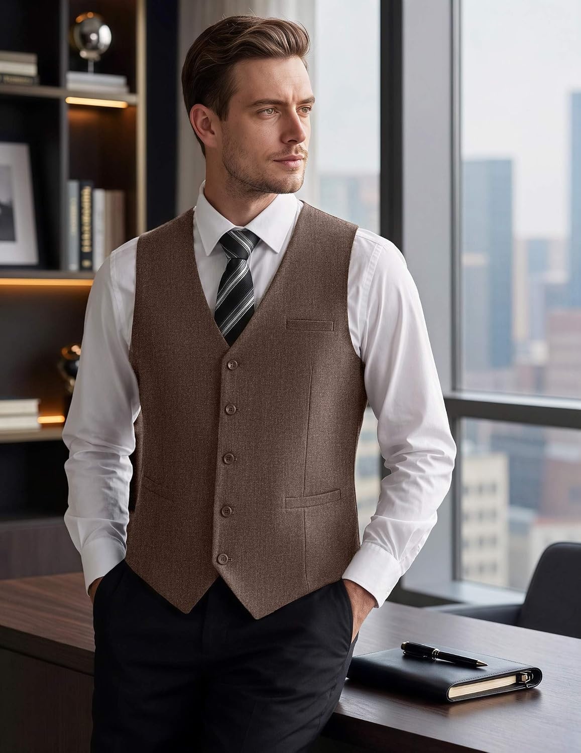 image:imageCOOFANDY Mens Suit Vest Business Casual Dress Vest Wedding Prom WaistcoatBrown