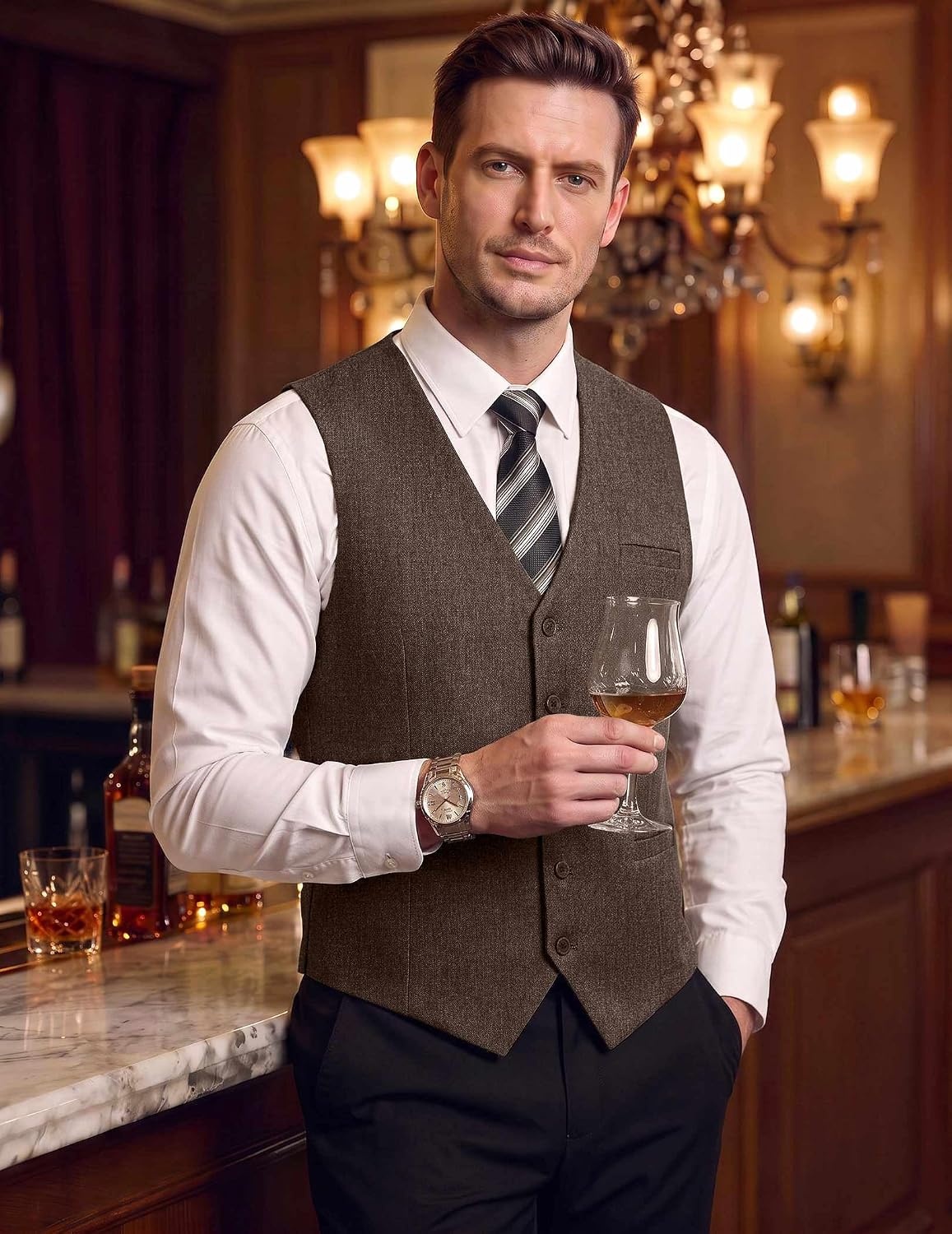 image:imageCOOFANDY Mens Suit Vest Business Casual Dress Vest Wedding Prom WaistcoatBrown