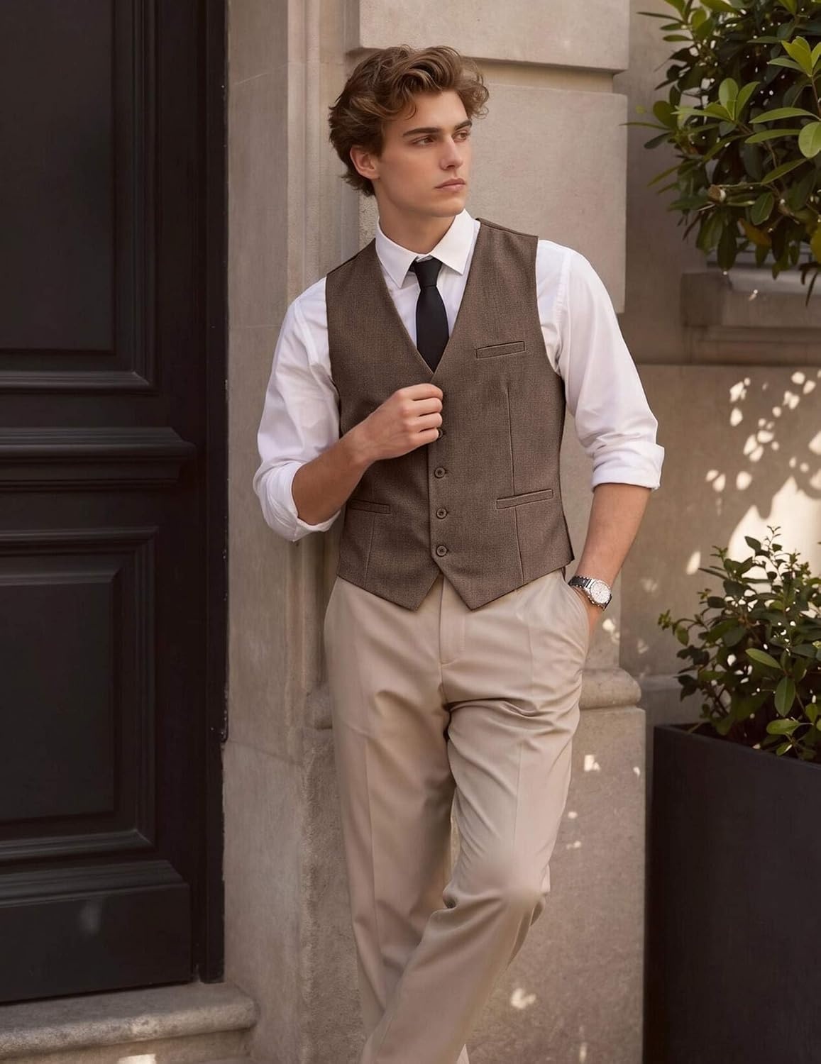 image:imageCOOFANDY Mens Suit Vest Business Casual Dress Vest Wedding Prom WaistcoatBrown