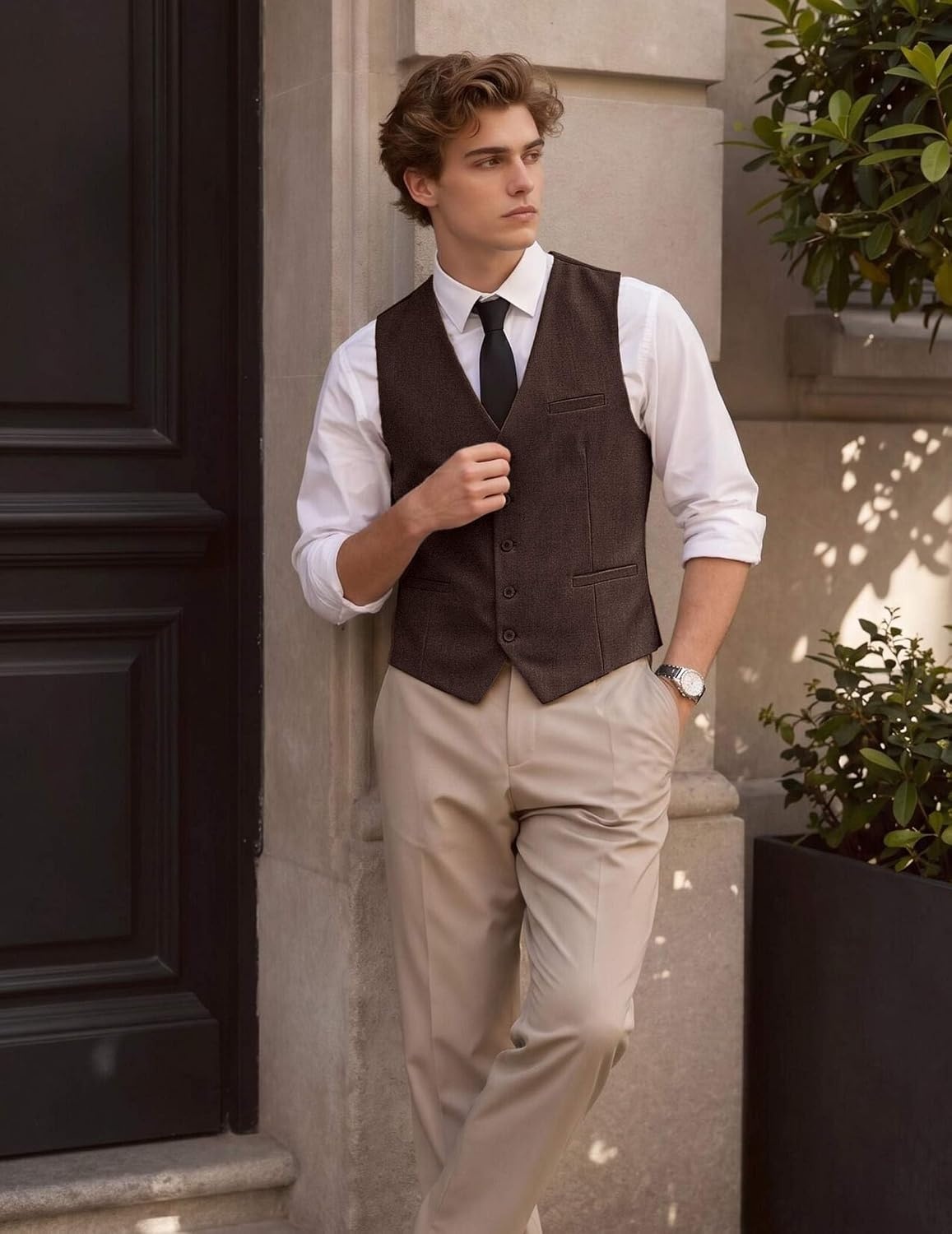 image:imageCOOFANDY Mens Suit Vest Business Casual Dress Vest Wedding Prom WaistcoatCoffee