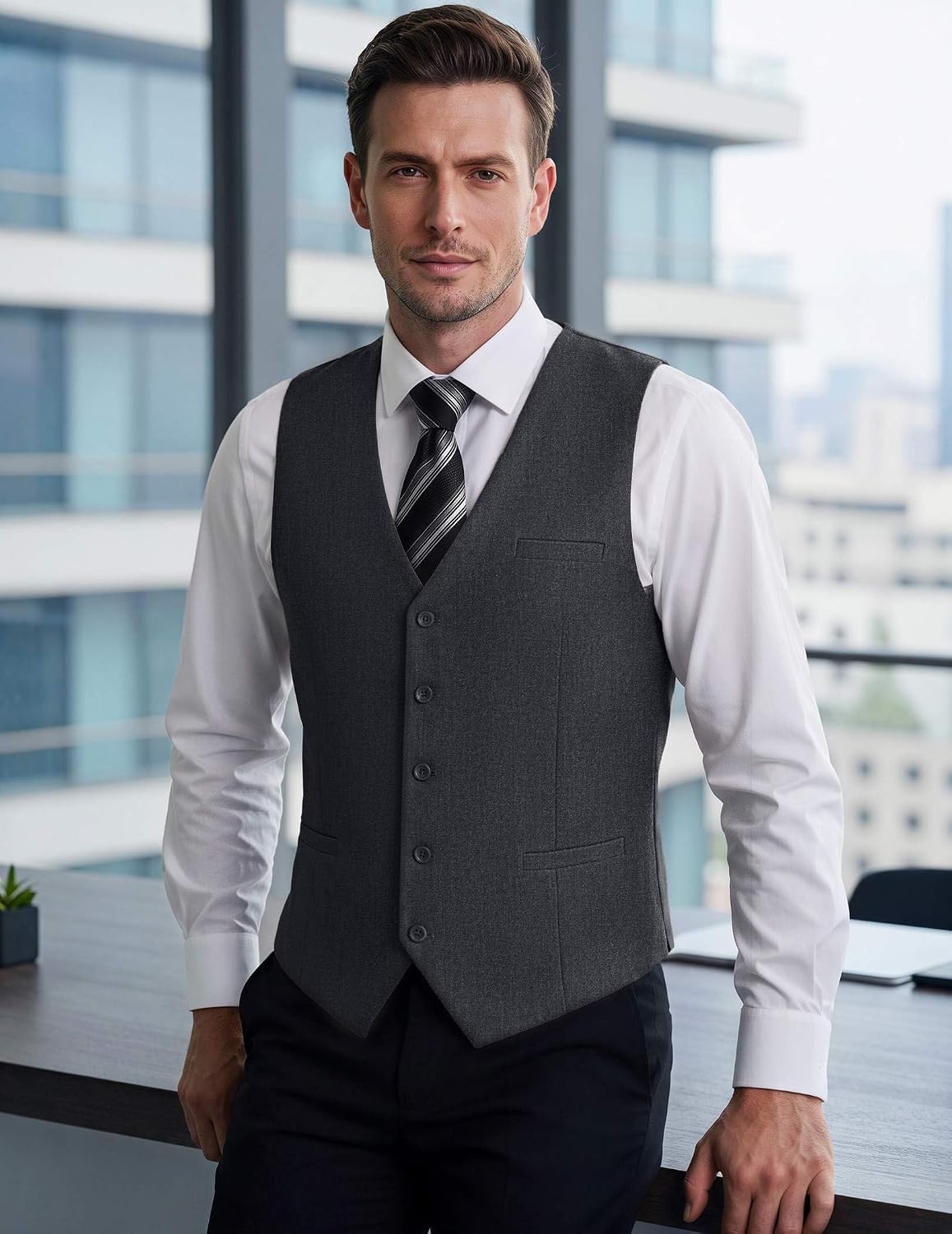 image:imageCOOFANDY Mens Suit Vest Business Casual Dress Vest Wedding Prom WaistcoatGray