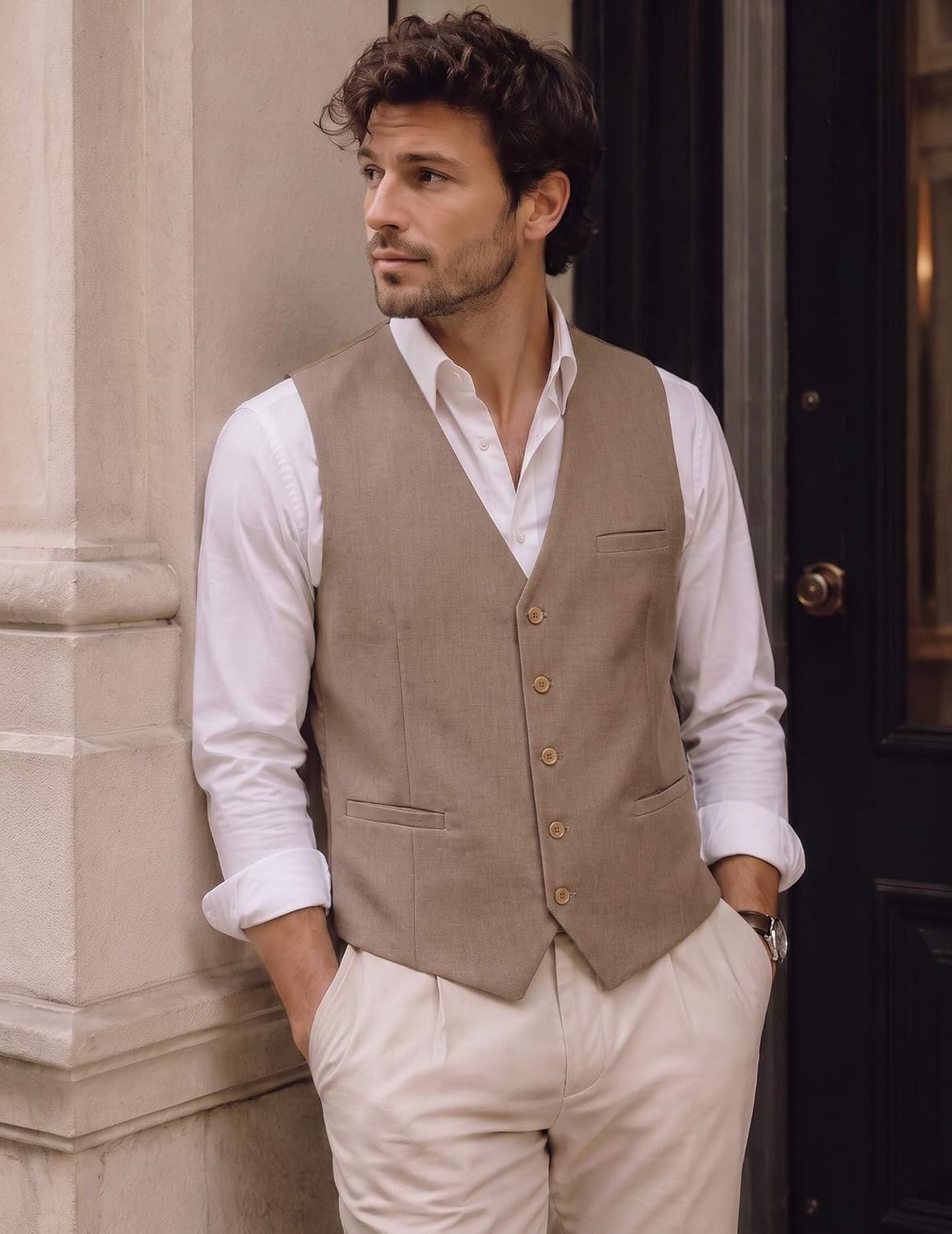 image:imageCOOFANDY Mens Suit Vest Business Casual Dress Vest Wedding Prom WaistcoatKhaki