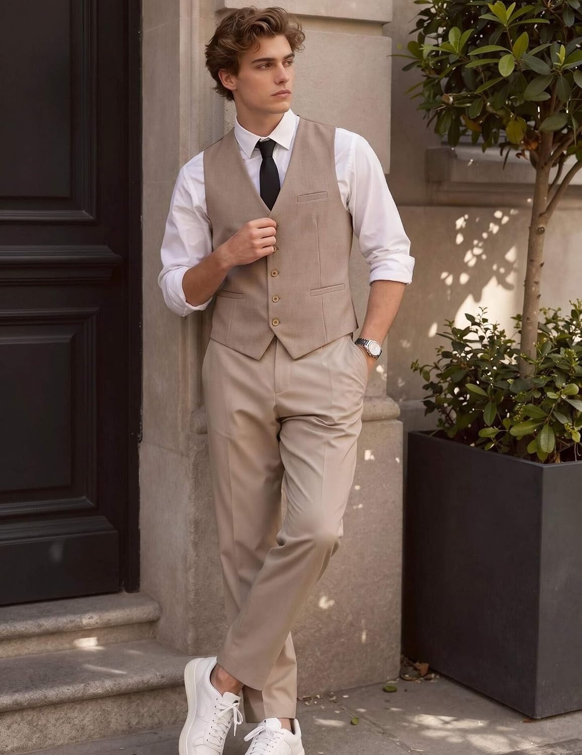 image:imageCOOFANDY Mens Suit Vest Business Casual Dress Vest Wedding Prom WaistcoatKhaki