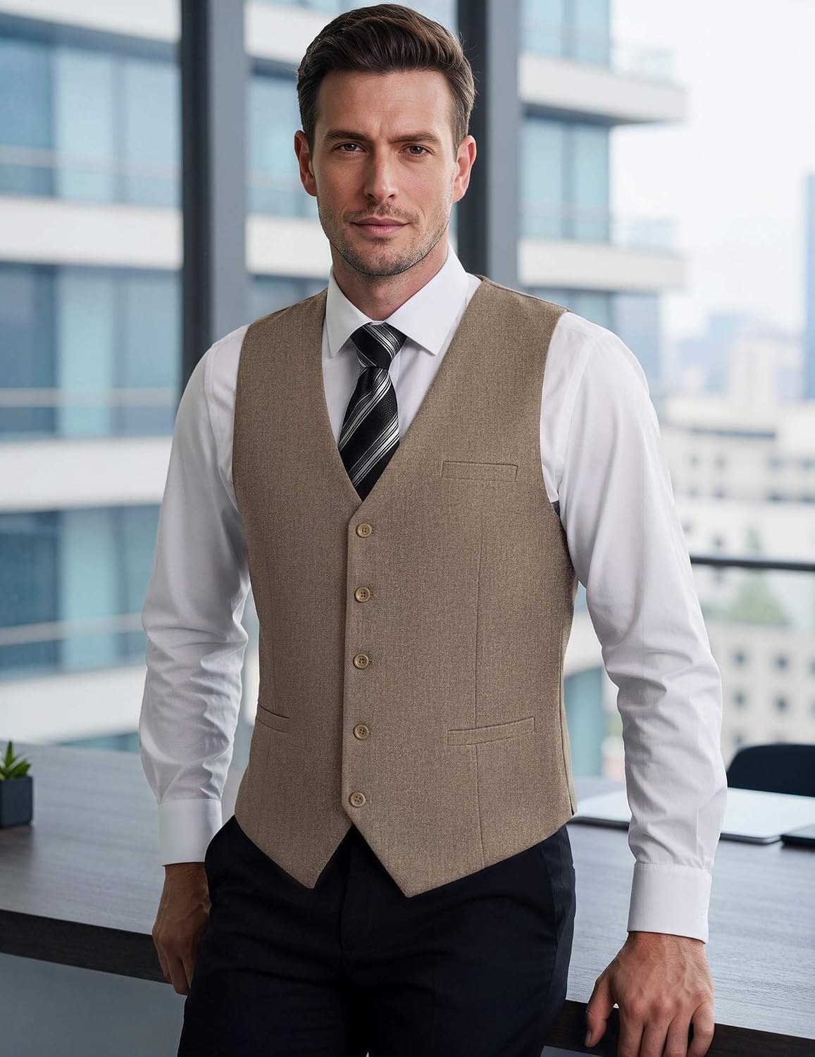 image:imageCOOFANDY Mens Suit Vest Business Casual Dress Vest Wedding Prom WaistcoatKhaki