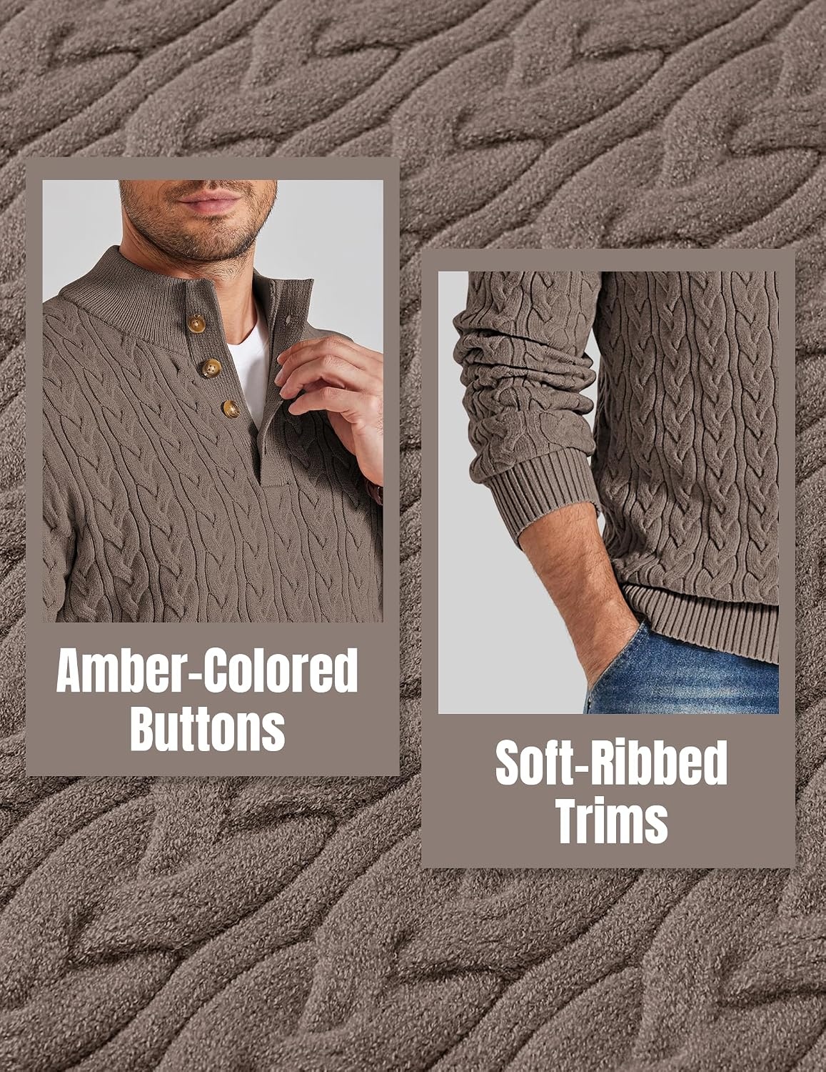 image:imageCOOFANDY Mens Sweater Cable Knit V Neck Quarter Button Henley Long SleeveAsh Brown