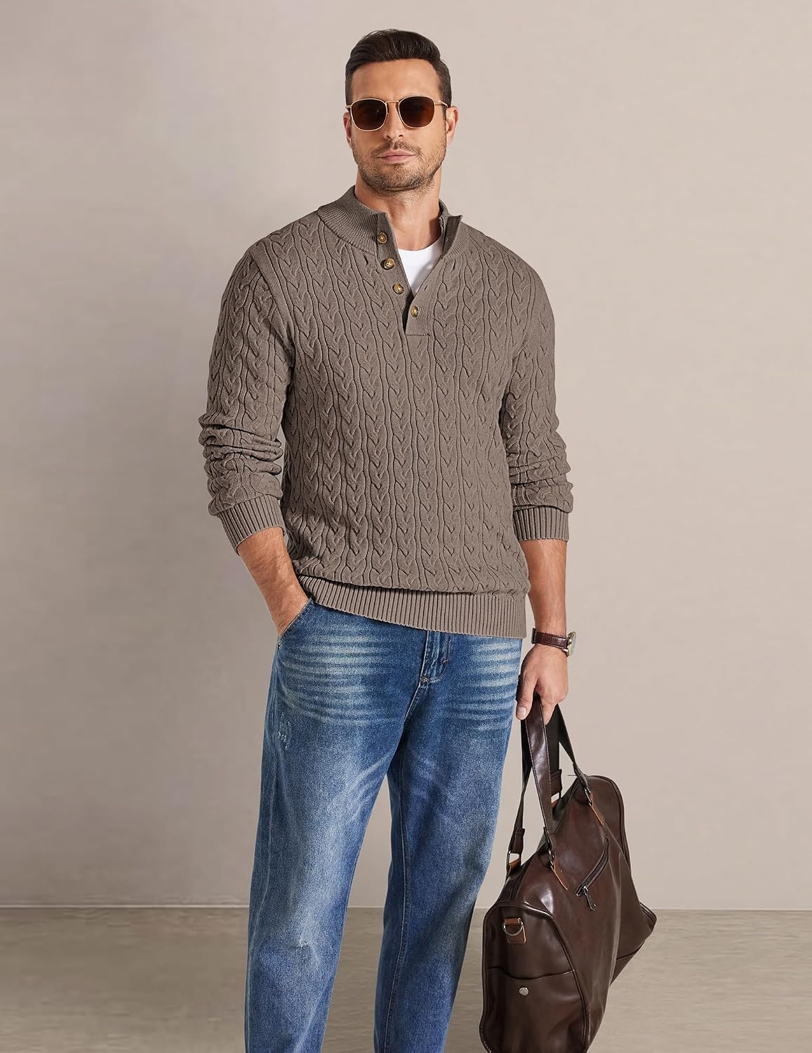image:imageCOOFANDY Mens Sweater Cable Knit V Neck Quarter Button Henley Long SleeveAsh Brown