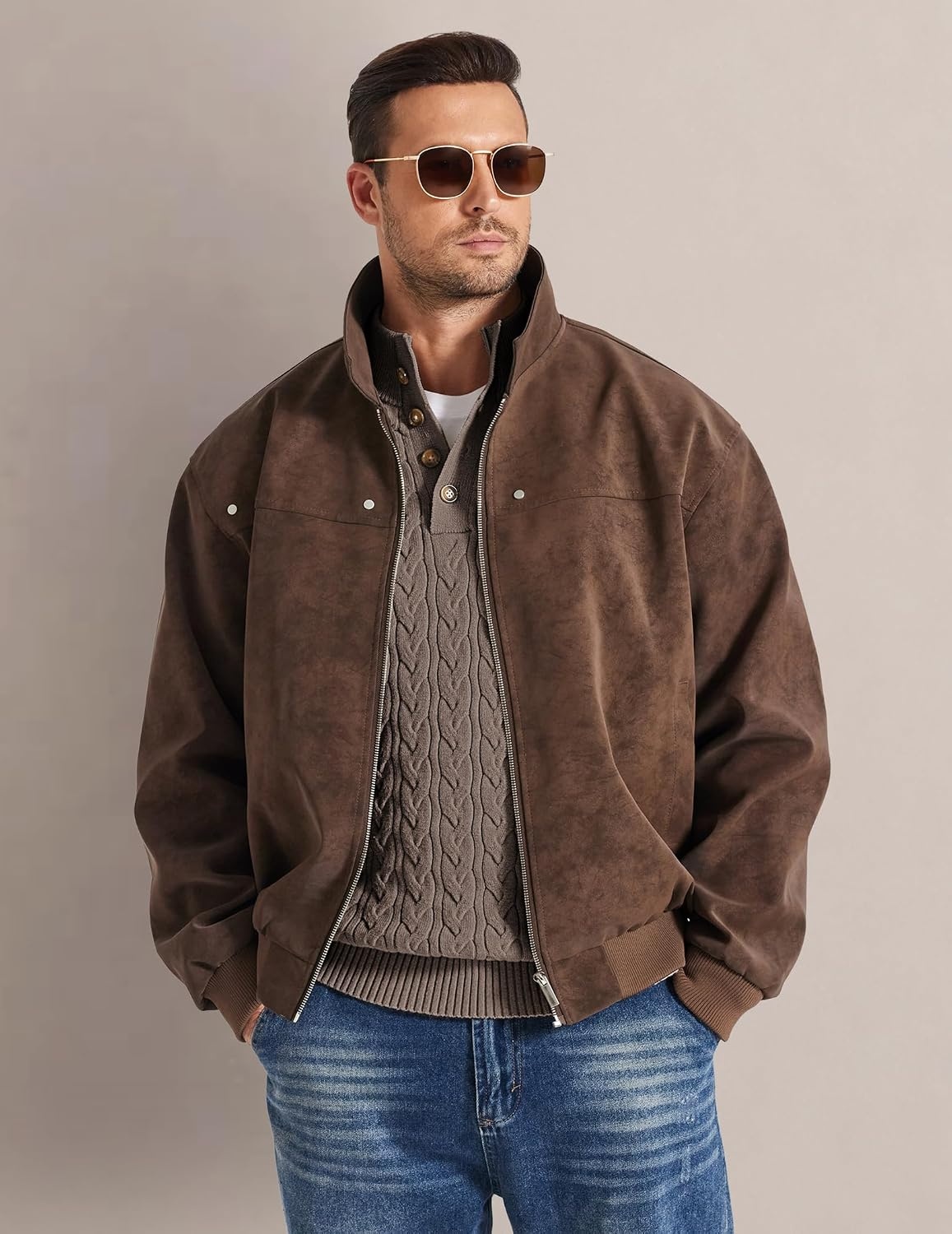 image:imageCOOFANDY Mens Sweater Cable Knit V Neck Quarter Button Henley Long SleeveAsh Brown