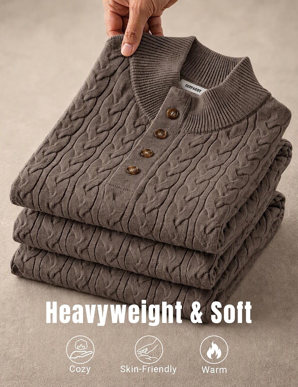 image:imageCOOFANDY Mens Sweater Cable Knit V Neck Quarter Button Henley Long SleeveAsh Brown