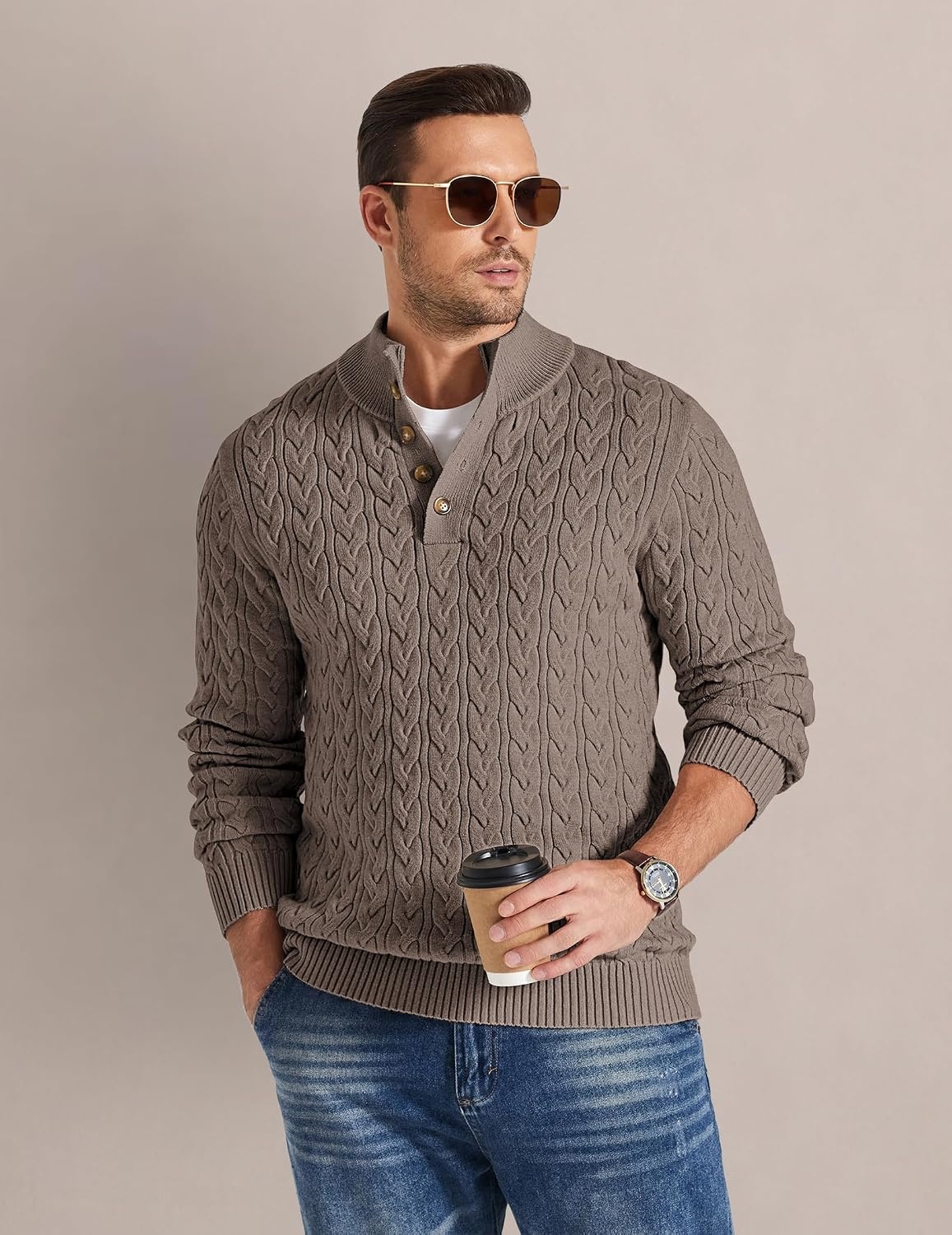 image:imageCOOFANDY Mens Sweater Cable Knit V Neck Quarter Button Henley Long SleeveAsh Brown