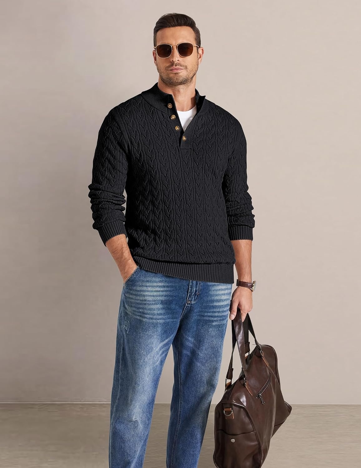 image:imageCOOFANDY Mens Sweater Cable Knit V Neck Quarter Button Henley Long SleeveBlack