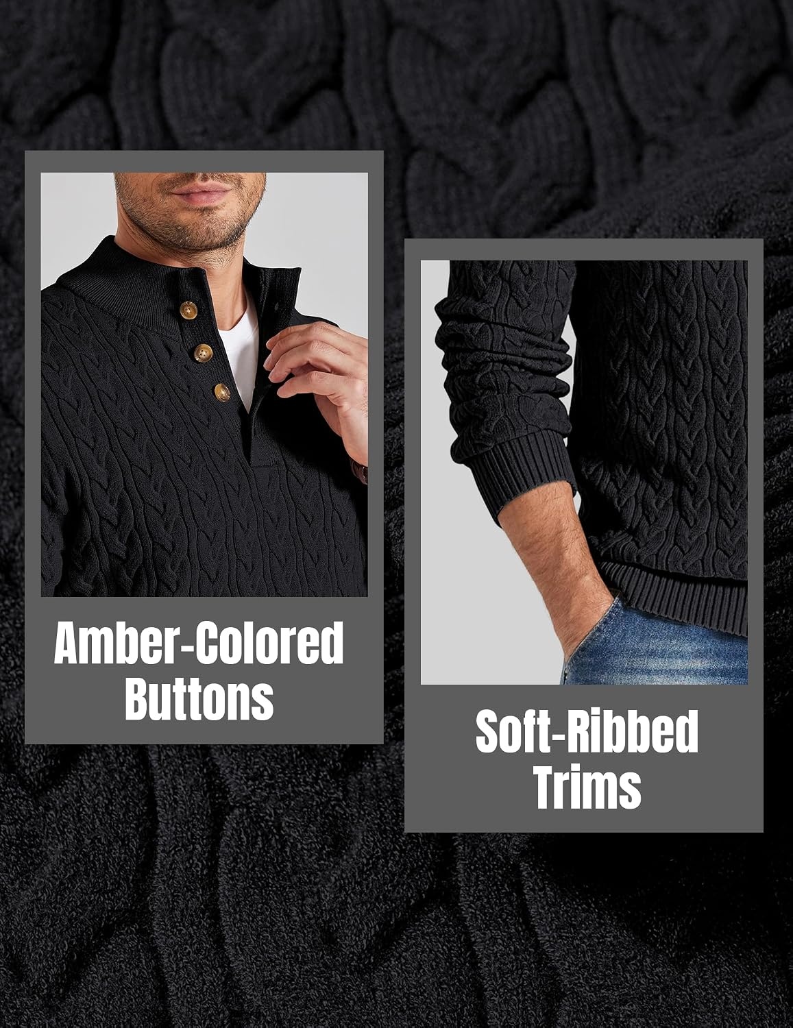 image:imageCOOFANDY Mens Sweater Cable Knit V Neck Quarter Button Henley Long SleeveBlack