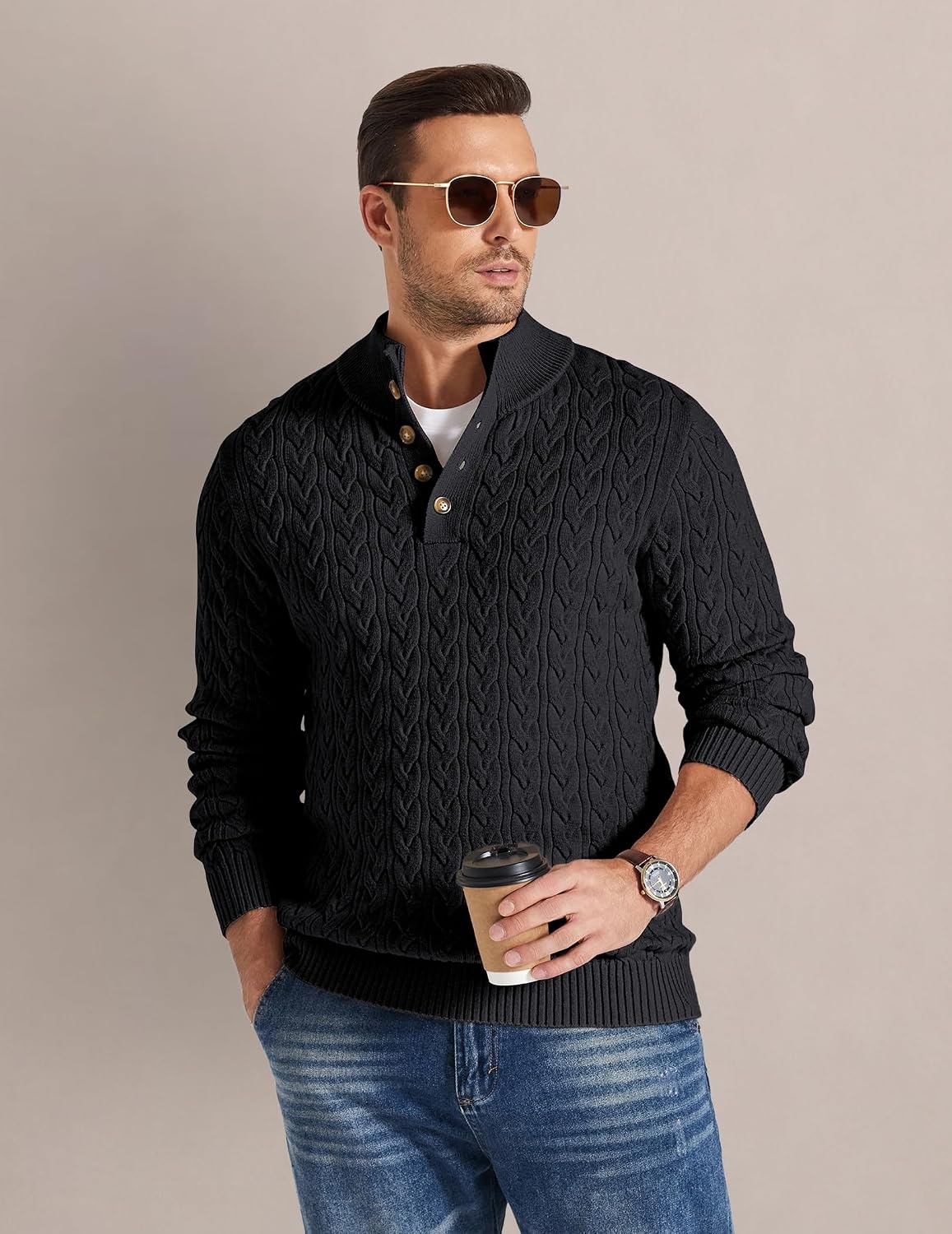 image:imageCOOFANDY Mens Sweater Cable Knit V Neck Quarter Button Henley Long SleeveBlack