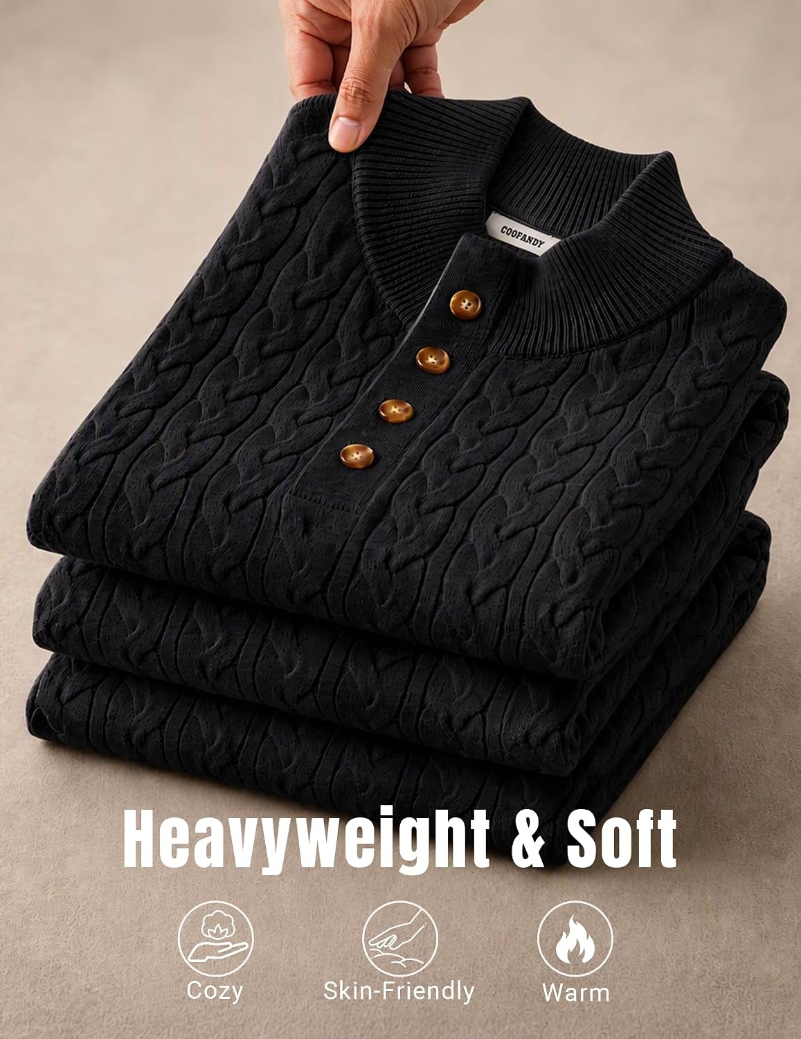 image:imageCOOFANDY Mens Sweater Cable Knit V Neck Quarter Button Henley Long SleeveBlack