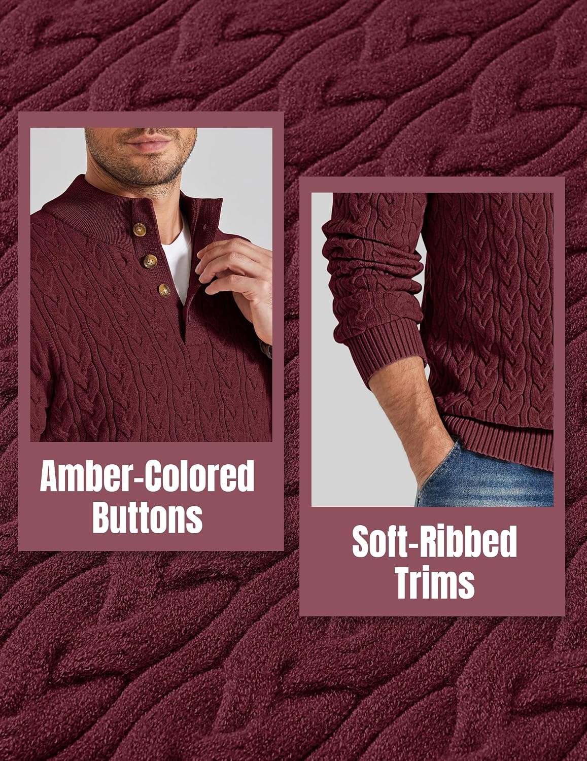 image:imageCOOFANDY Mens Sweater Cable Knit V Neck Quarter Button Henley Long SleeveBurgundy