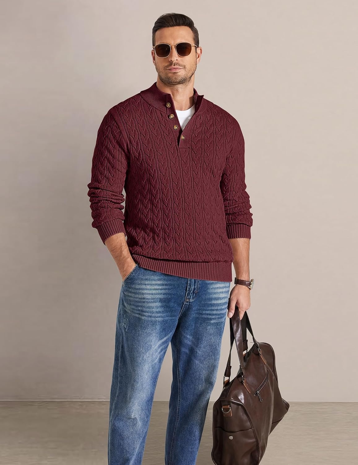 image:imageCOOFANDY Mens Sweater Cable Knit V Neck Quarter Button Henley Long SleeveBurgundy