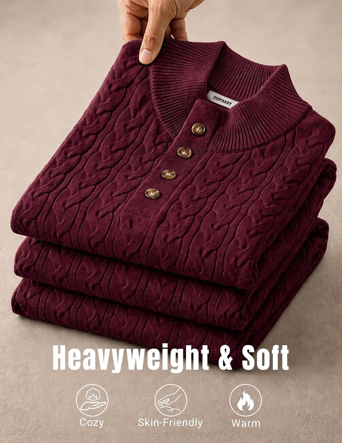 image:imageCOOFANDY Mens Sweater Cable Knit V Neck Quarter Button Henley Long SleeveBurgundy