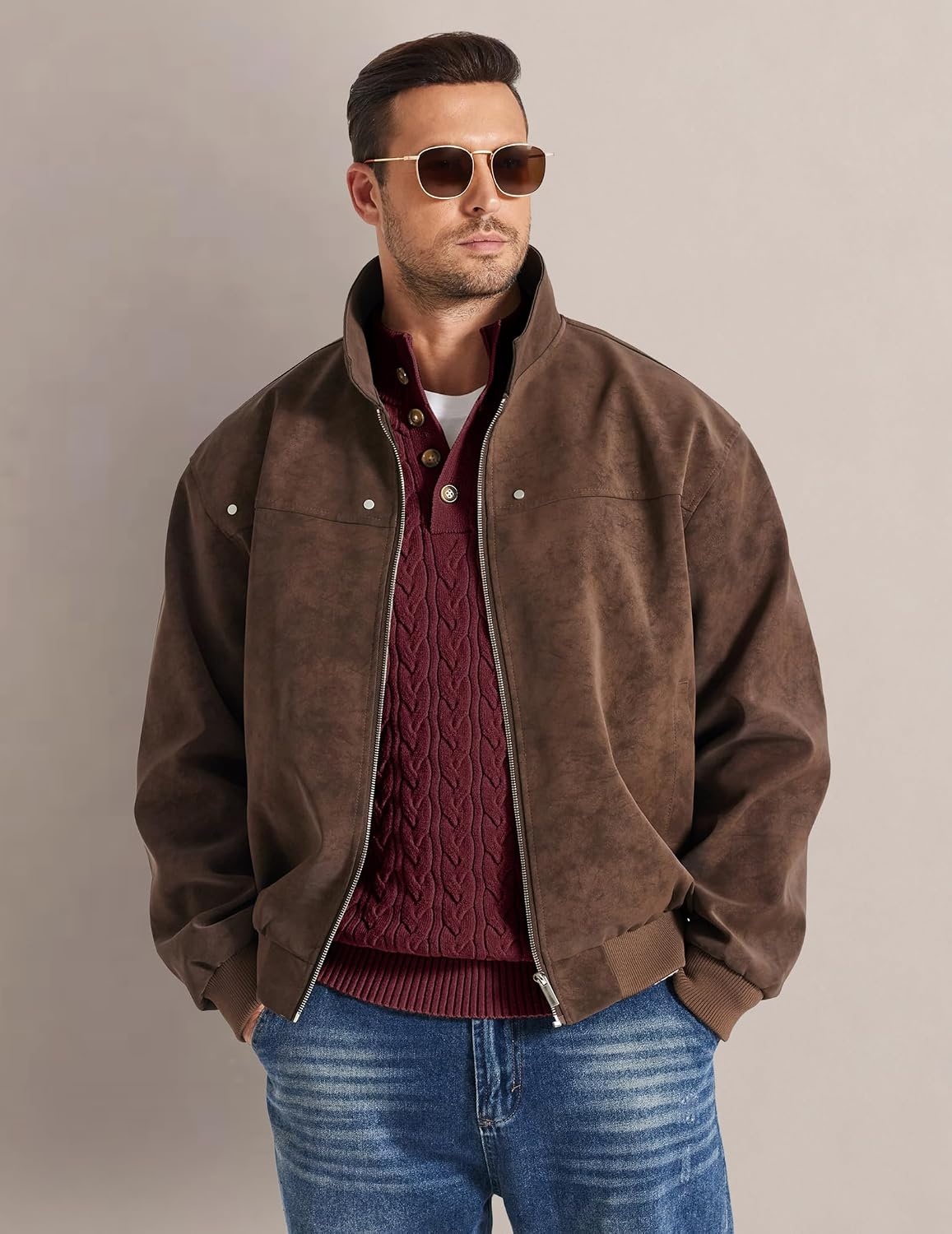 image:imageCOOFANDY Mens Sweater Cable Knit V Neck Quarter Button Henley Long SleeveBurgundy