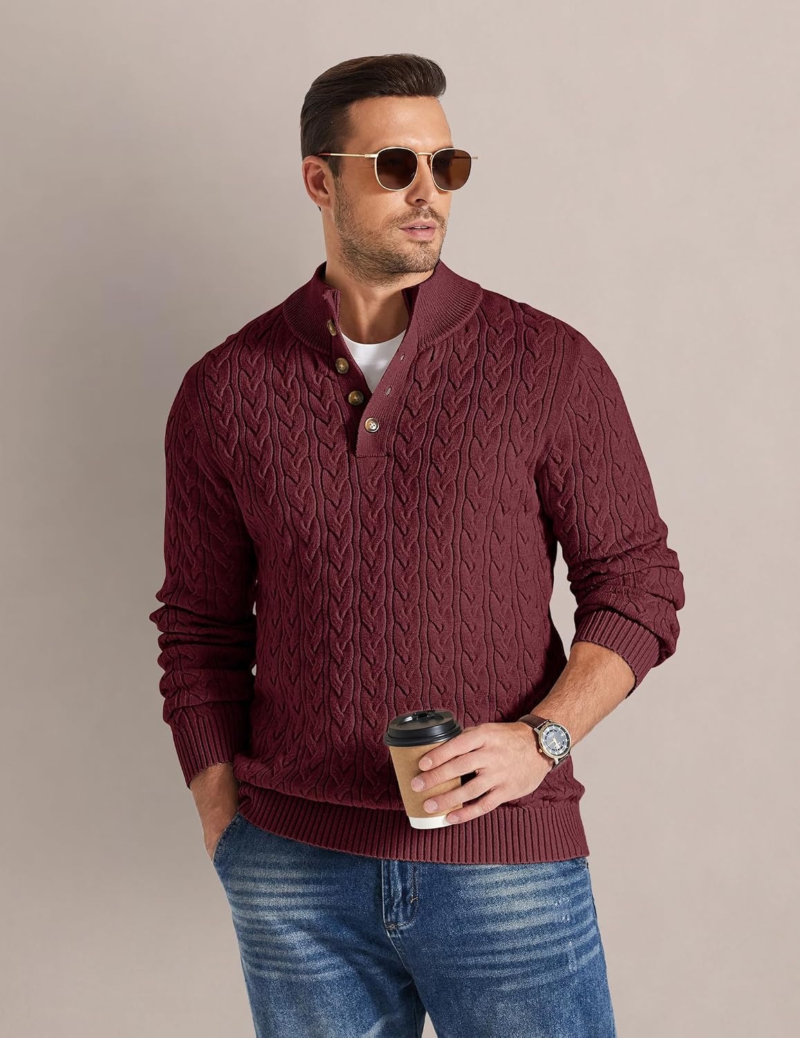 image:imageCOOFANDY Mens Sweater Cable Knit V Neck Quarter Button Henley Long SleeveBurgundy