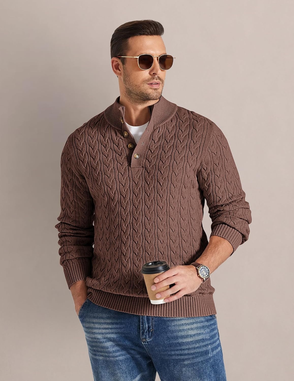 image:imageCOOFANDY Mens Sweater Cable Knit V Neck Quarter Button Henley Long SleeveCaramel