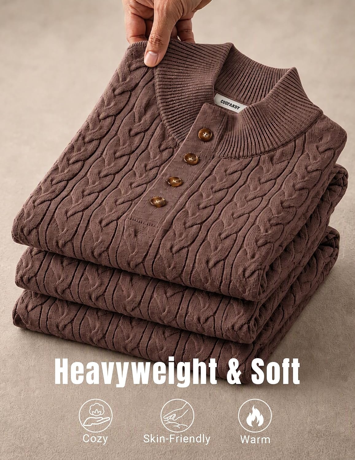 image:imageCOOFANDY Mens Sweater Cable Knit V Neck Quarter Button Henley Long SleeveCaramel