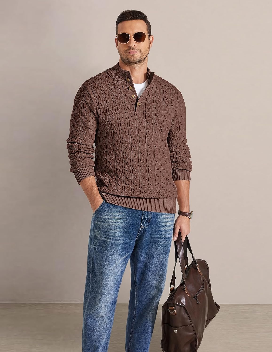 image:imageCOOFANDY Mens Sweater Cable Knit V Neck Quarter Button Henley Long SleeveCaramel