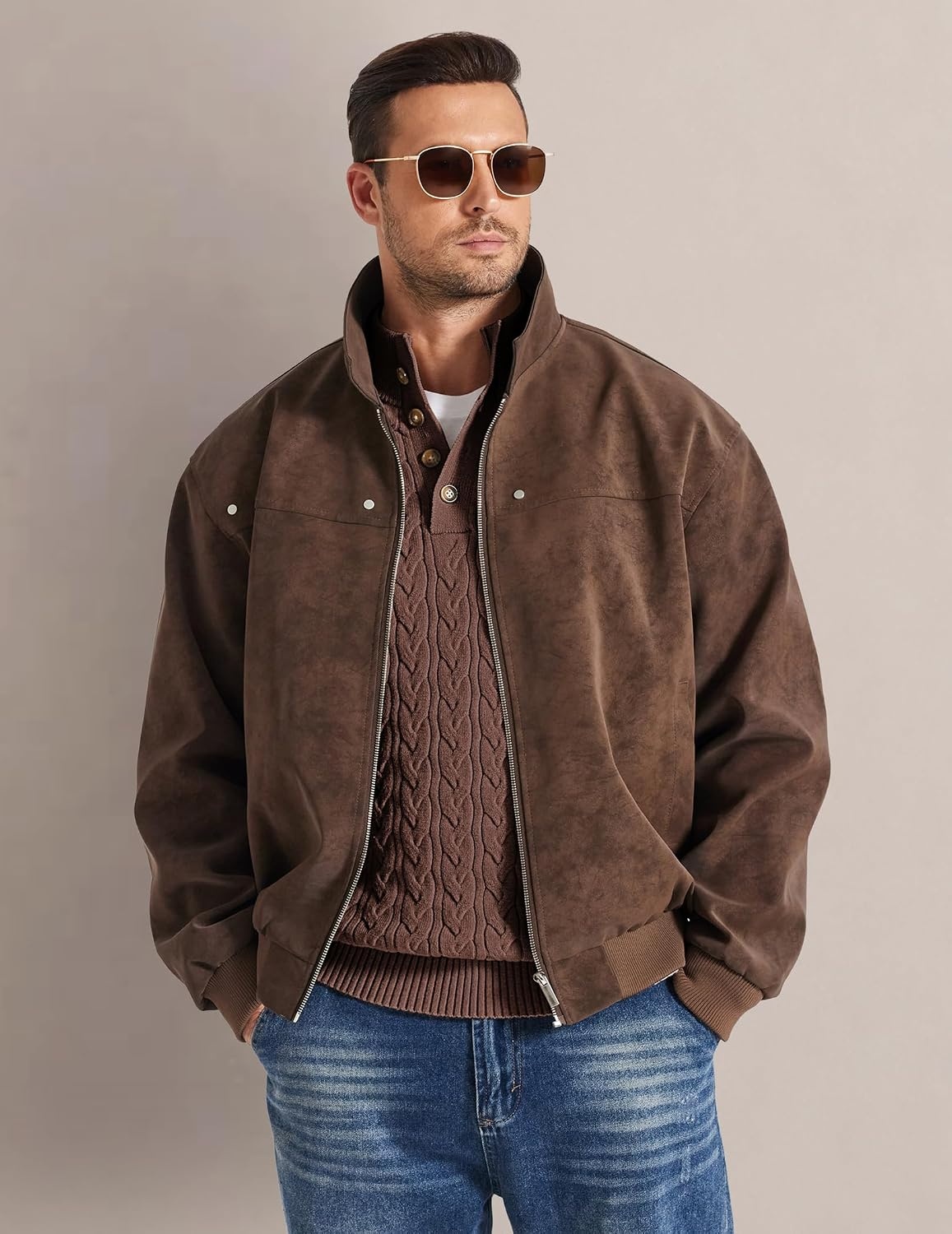 image:imageCOOFANDY Mens Sweater Cable Knit V Neck Quarter Button Henley Long SleeveCaramel