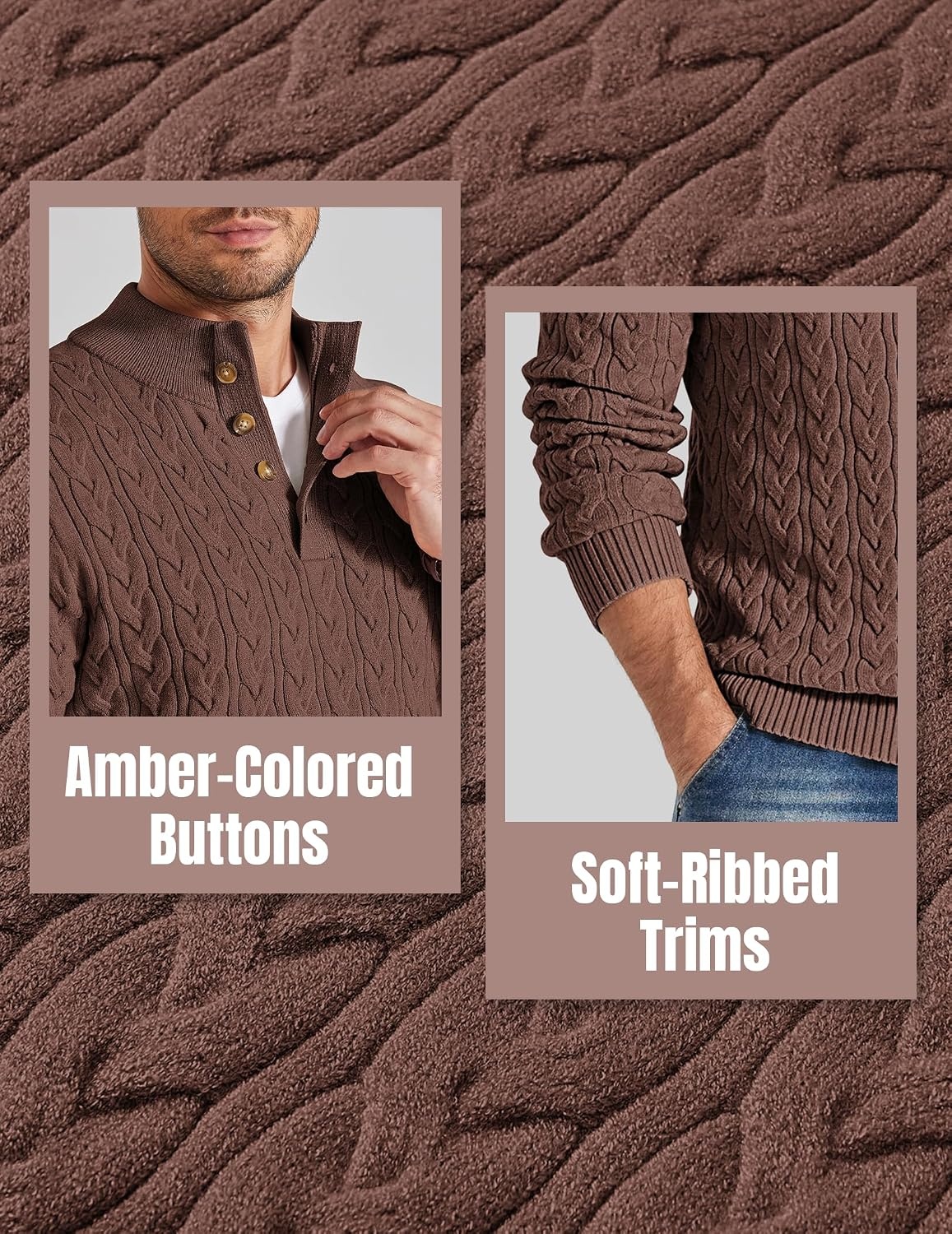 image:imageCOOFANDY Mens Sweater Cable Knit V Neck Quarter Button Henley Long SleeveCaramel