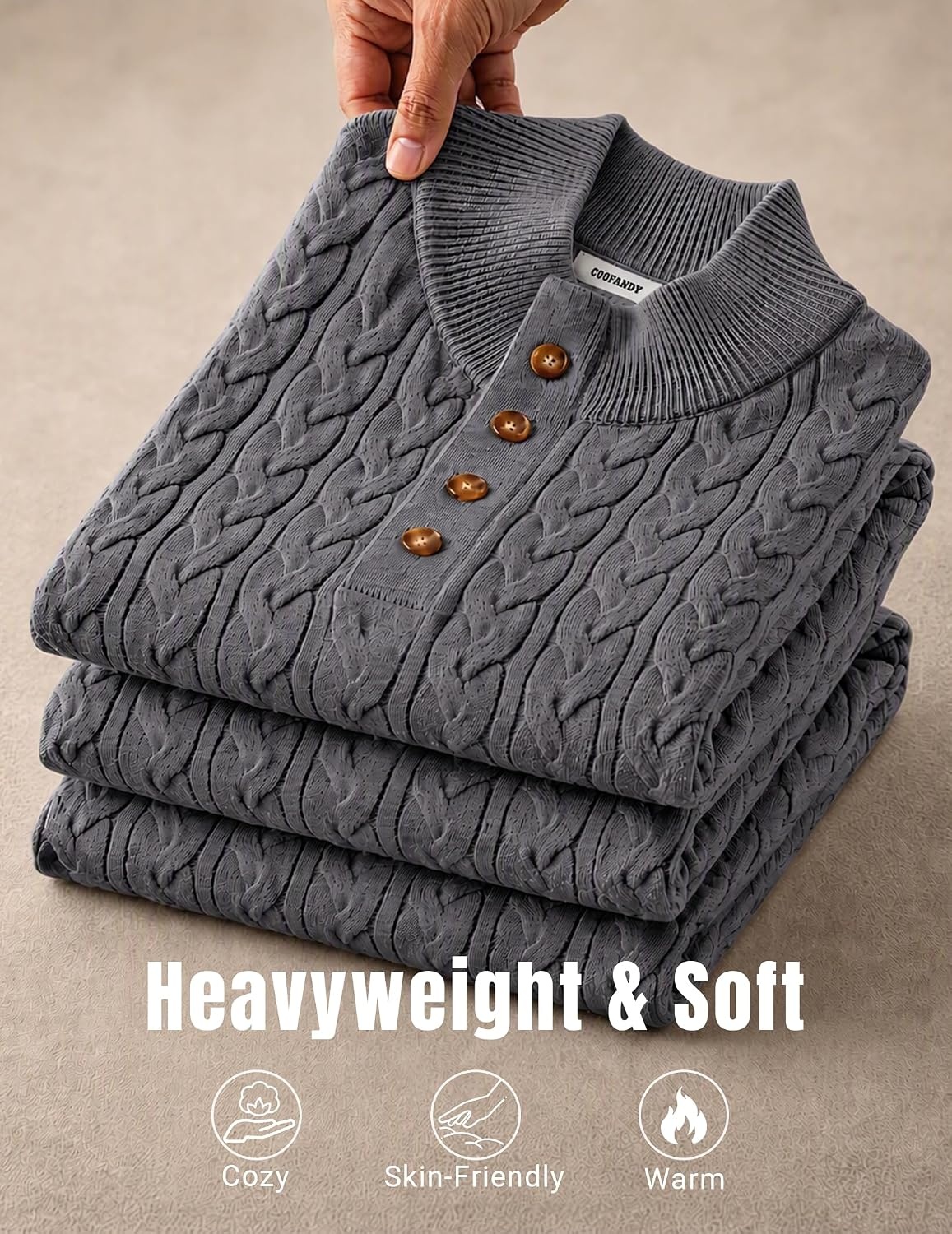 image:imageCOOFANDY Mens Sweater Cable Knit V Neck Quarter Button Henley Long SleeveDark Gray