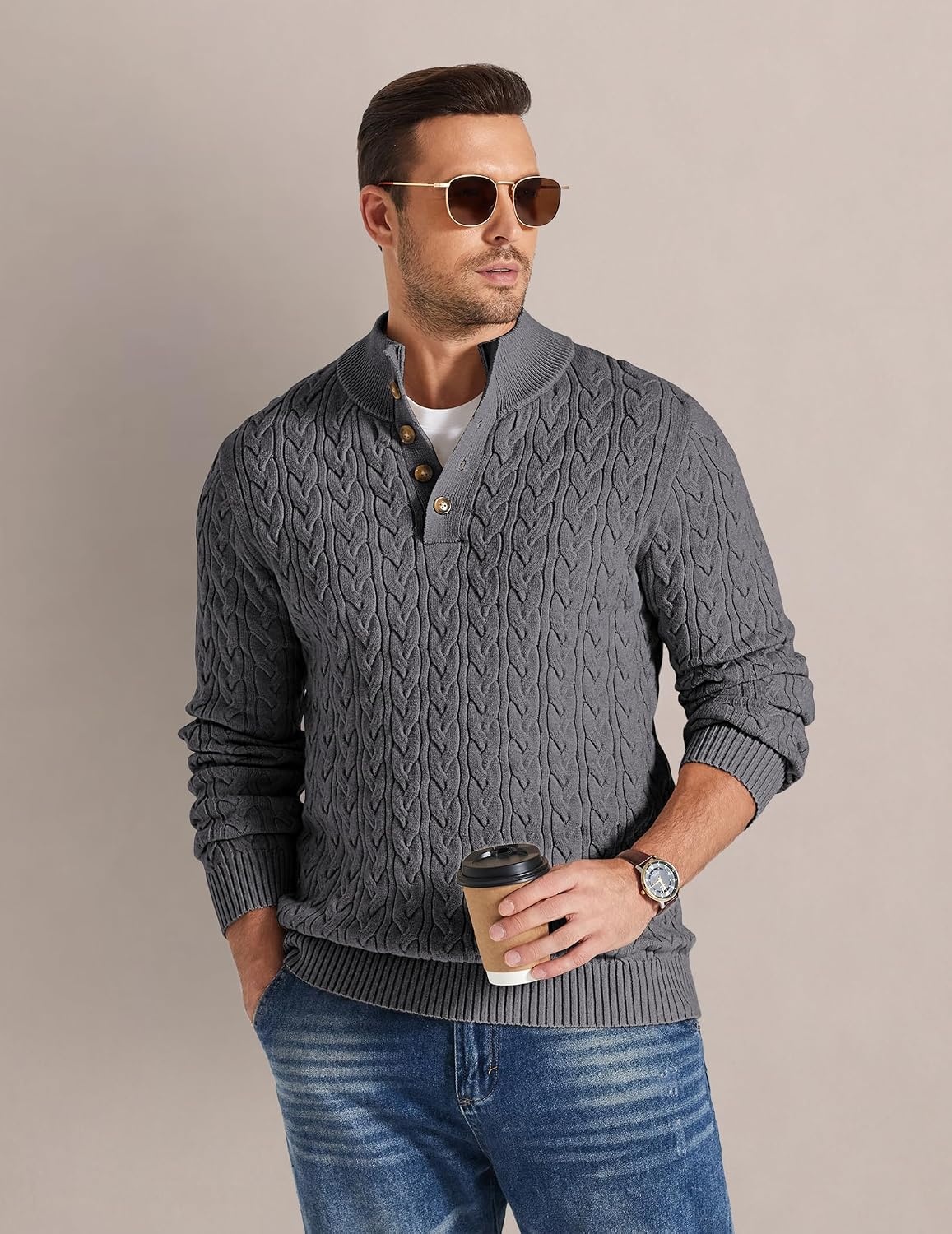 image:imageCOOFANDY Mens Sweater Cable Knit V Neck Quarter Button Henley Long SleeveDark Gray