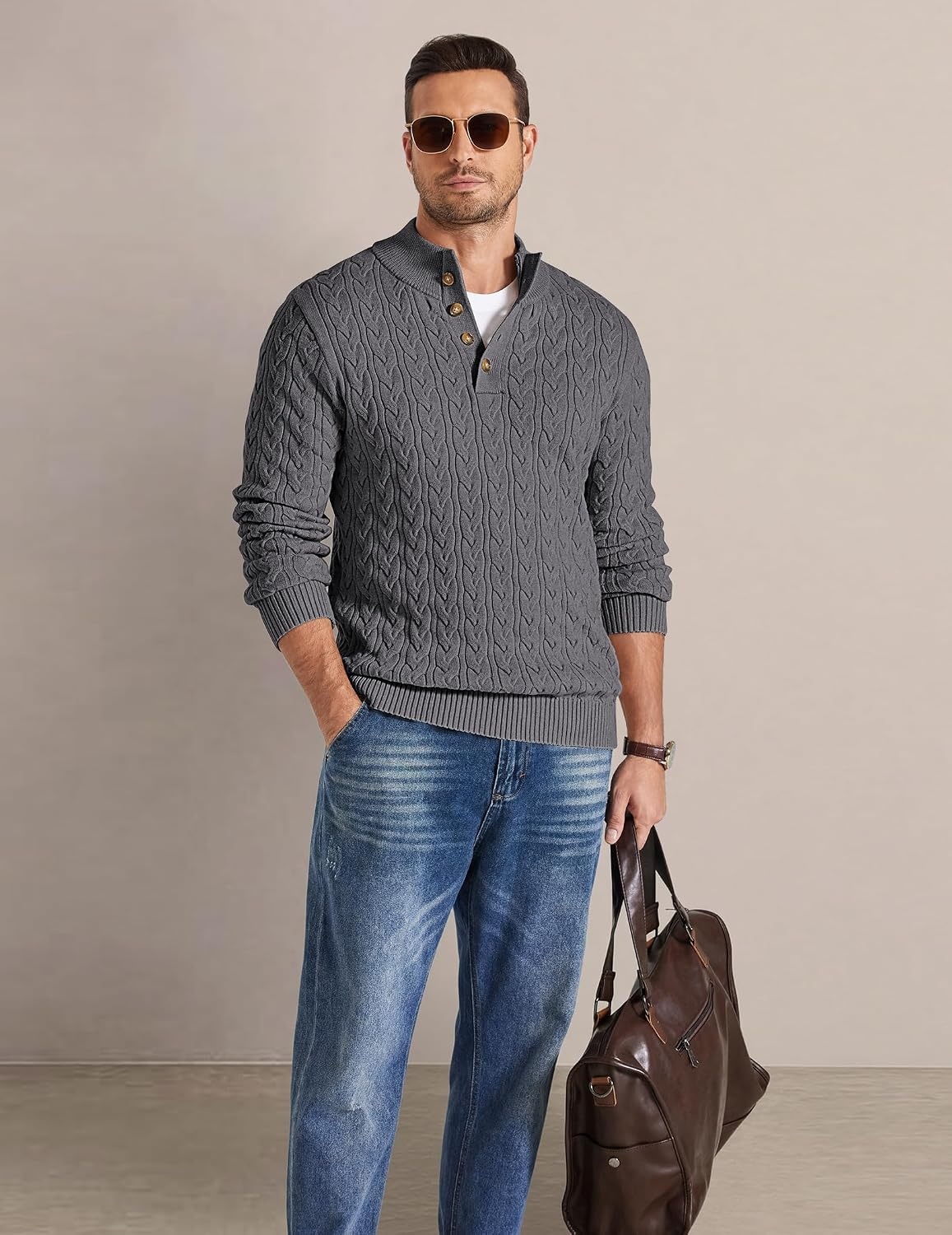 image:imageCOOFANDY Mens Sweater Cable Knit V Neck Quarter Button Henley Long SleeveDark Gray