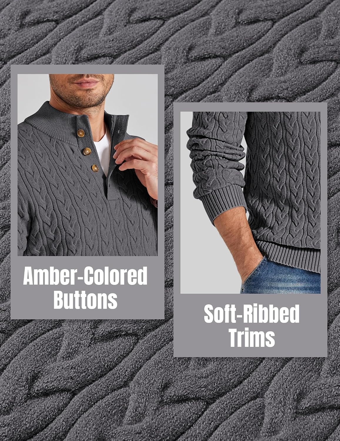 image:imageCOOFANDY Mens Sweater Cable Knit V Neck Quarter Button Henley Long SleeveDark Gray