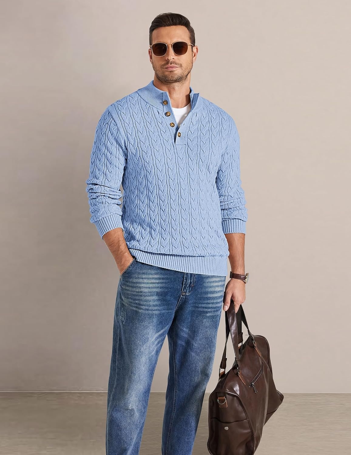 image:imageCOOFANDY Mens Sweater Cable Knit V Neck Quarter Button Henley Long SleeveLight Blue