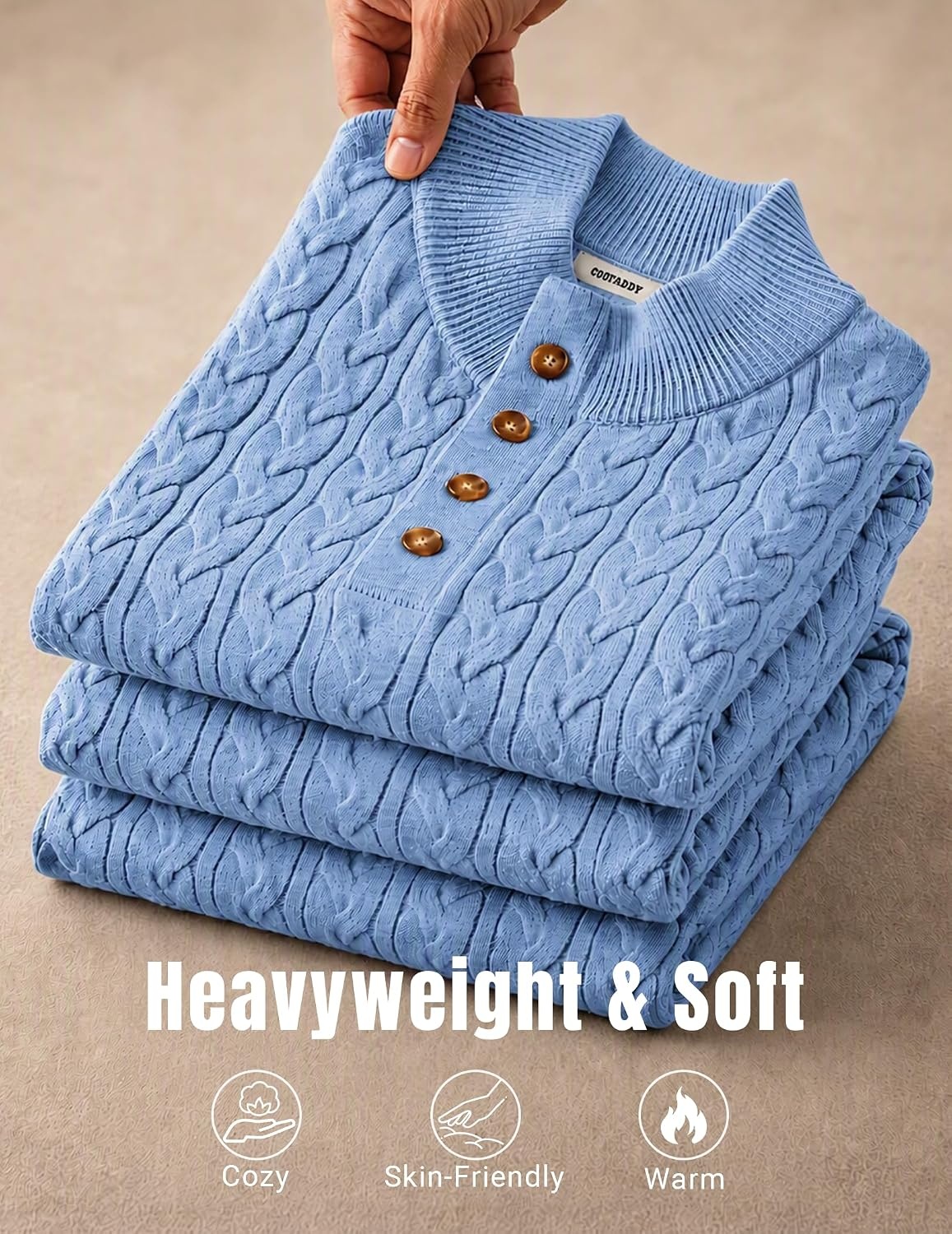 image:imageCOOFANDY Mens Sweater Cable Knit V Neck Quarter Button Henley Long SleeveLight Blue