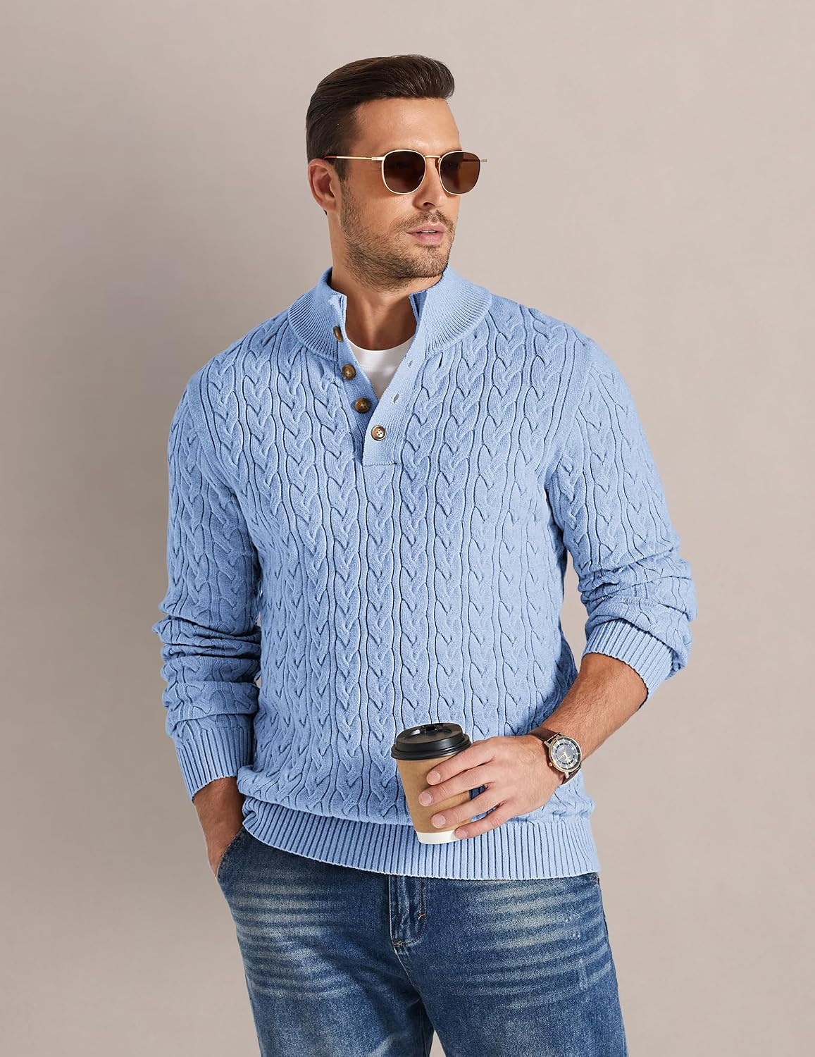image:imageCOOFANDY Mens Sweater Cable Knit V Neck Quarter Button Henley Long SleeveLight Blue