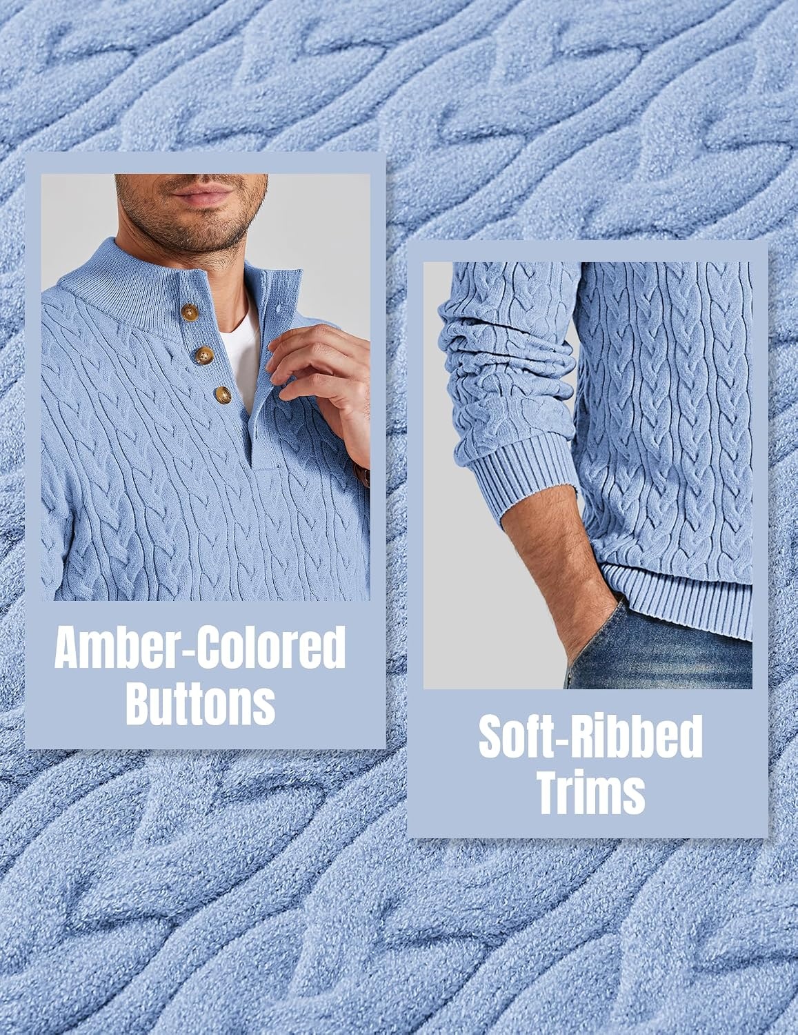 image:imageCOOFANDY Mens Sweater Cable Knit V Neck Quarter Button Henley Long SleeveLight Blue