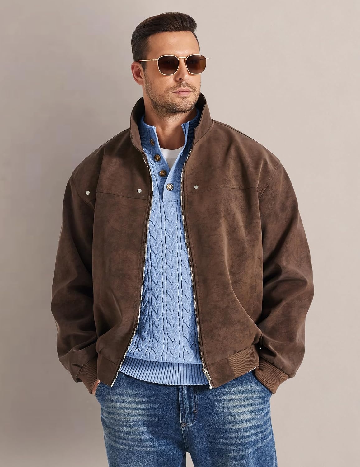 image:imageCOOFANDY Mens Sweater Cable Knit V Neck Quarter Button Henley Long SleeveLight Blue