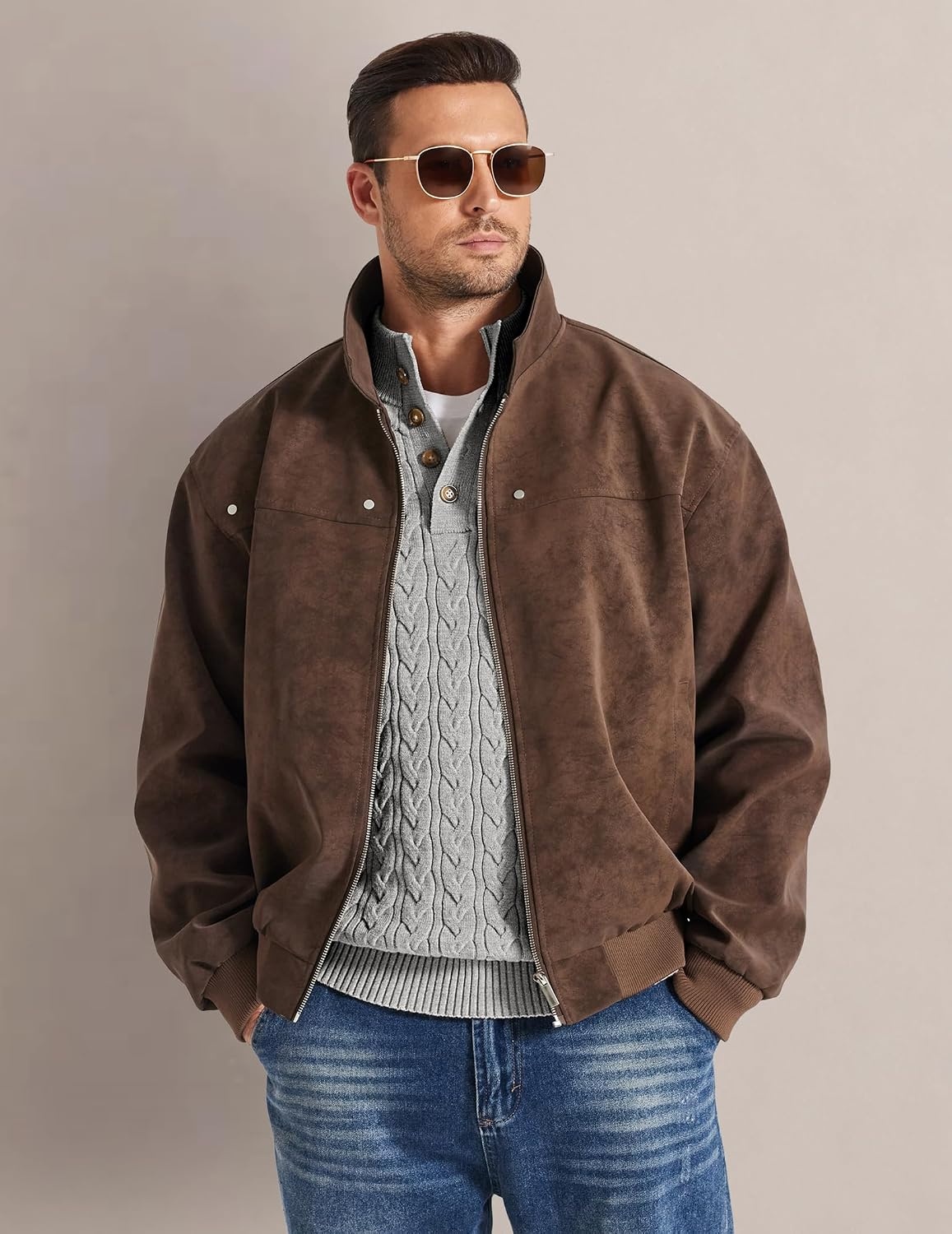 image:imageCOOFANDY Mens Sweater Cable Knit V Neck Quarter Button Henley Long SleeveLight Gray